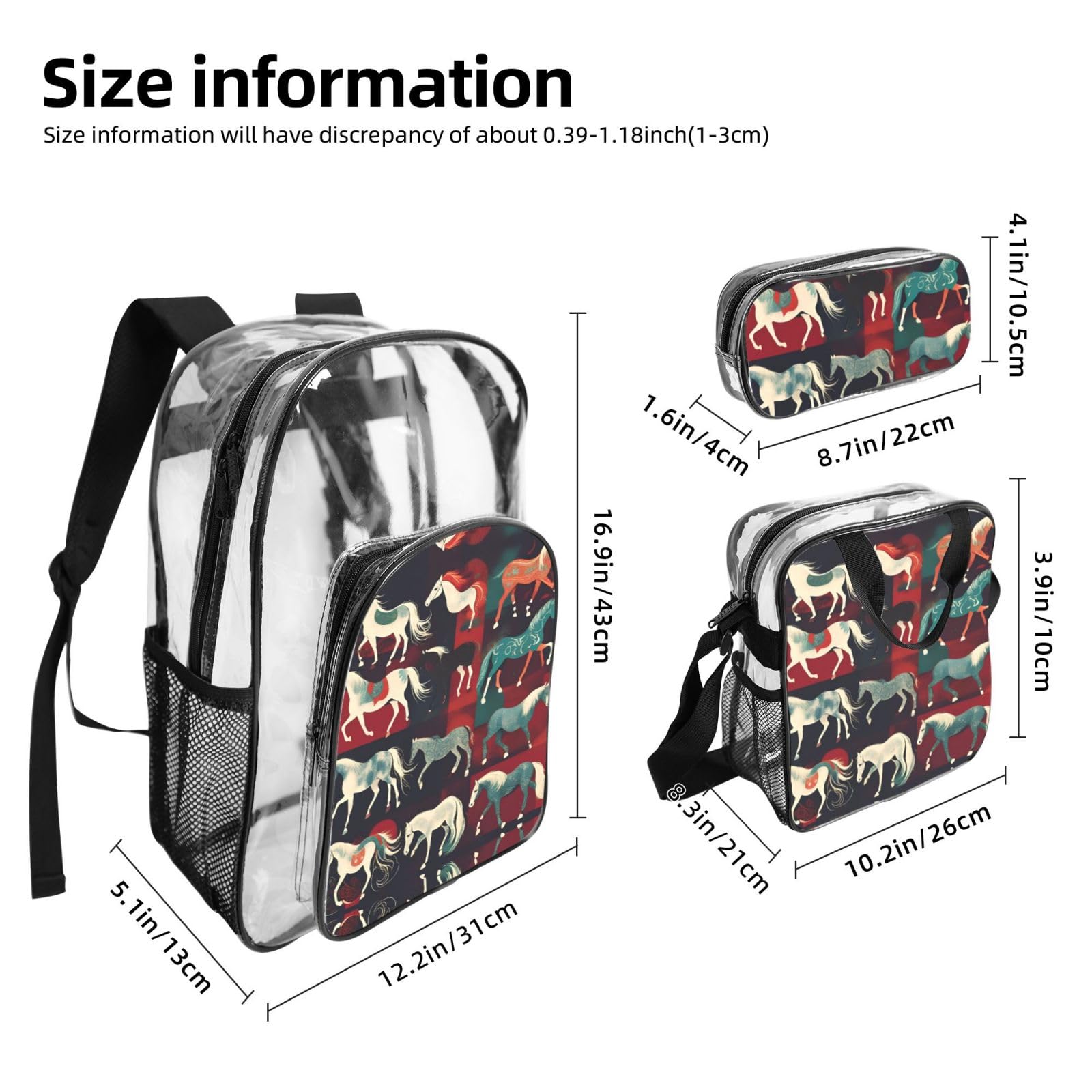 Juego de mochila estampada de varios tipos de caballos 3 en 1, juego de bolsa transparente para la escuela, trabajo, eventos en estadio y transporte diario