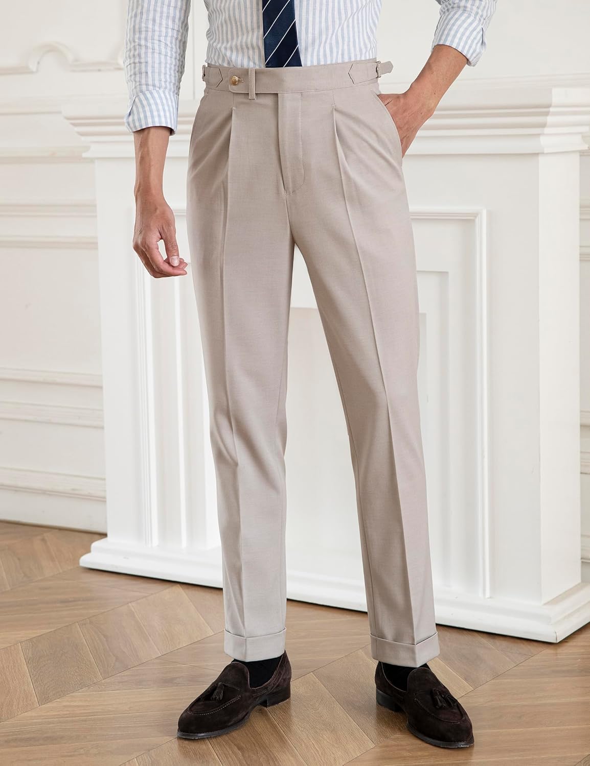 Men's Gurkha Naples Italian Old Money Style No Need to tie a Belt High Waisted Dress Pants - Image 5