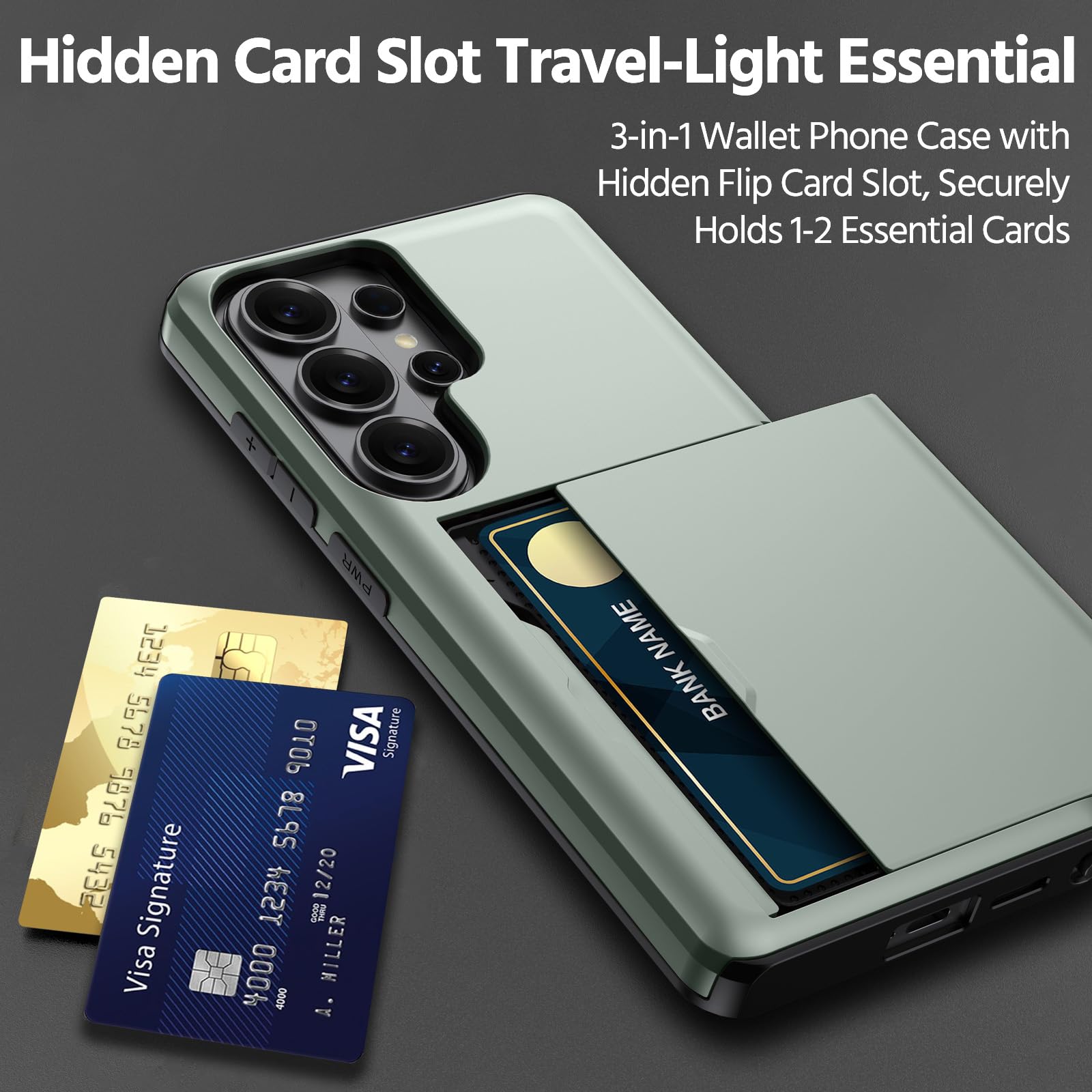Etui do iPhone 13 Mini 5.4 z ukrytym schowkiem na kartę, pancerne etui z twardego PC miękkiego TPU, smukłe matowe etui z przesuwną kieszenią na 1-2 karty Ciemnozielony