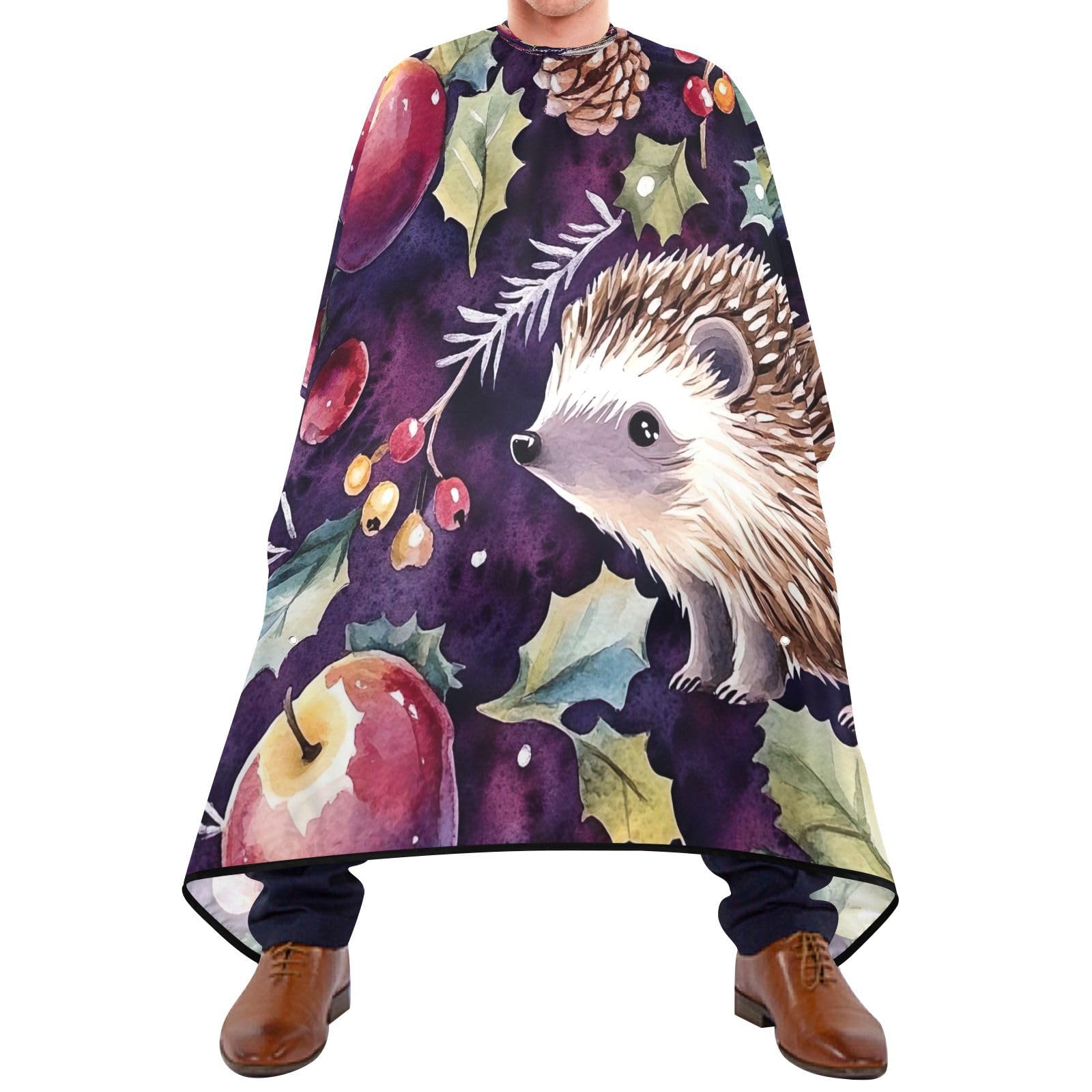 BOESI Doodle Hedgehog and Apple Pattern Barber Shawl, Waterproof Haircut Shawl, Haircut Salon Apron, Shaving Bib, 55 x 65 inches