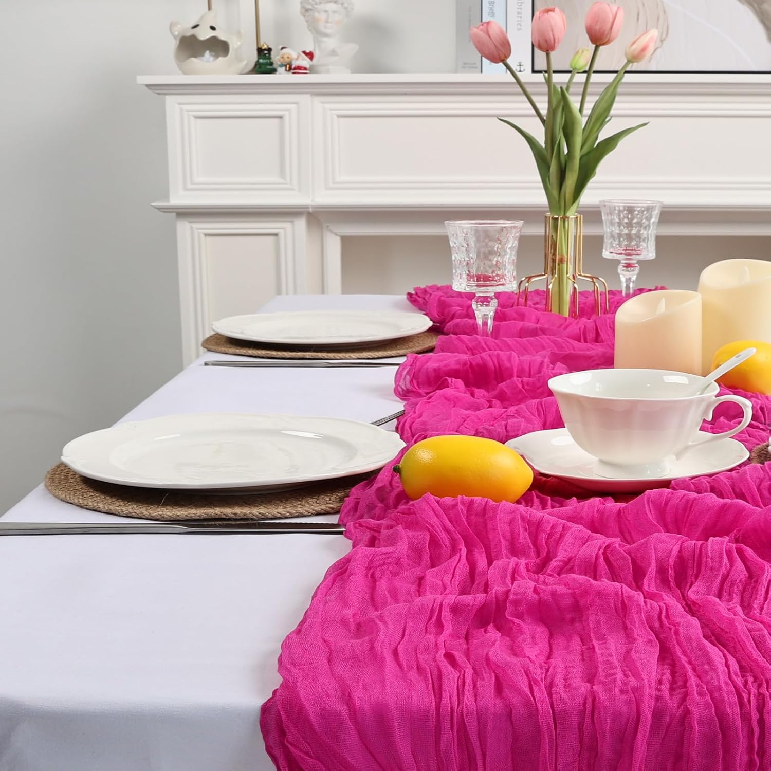 8 Pack Hot Pink Cheesecloth Table Runner 10ft Boho Gauze 120 Inch Cheese Cloth Table Runner Rustic Sheer for Spring Holiday Baby Shower Party Décor Home Wedding Decoration