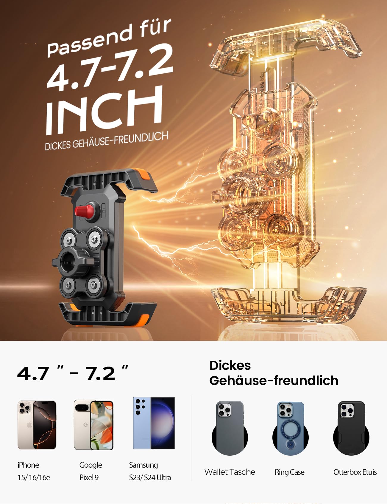 Universal Motorrad Handyhalter【Doppelt Vibrationsgedämpft】 Handyhalterung Fahrrad, 360° Drehbar Lenker für iPhone 17 16 15 Pro/Samsung S24 Ultra (4,7-7,2'' Smartphone)