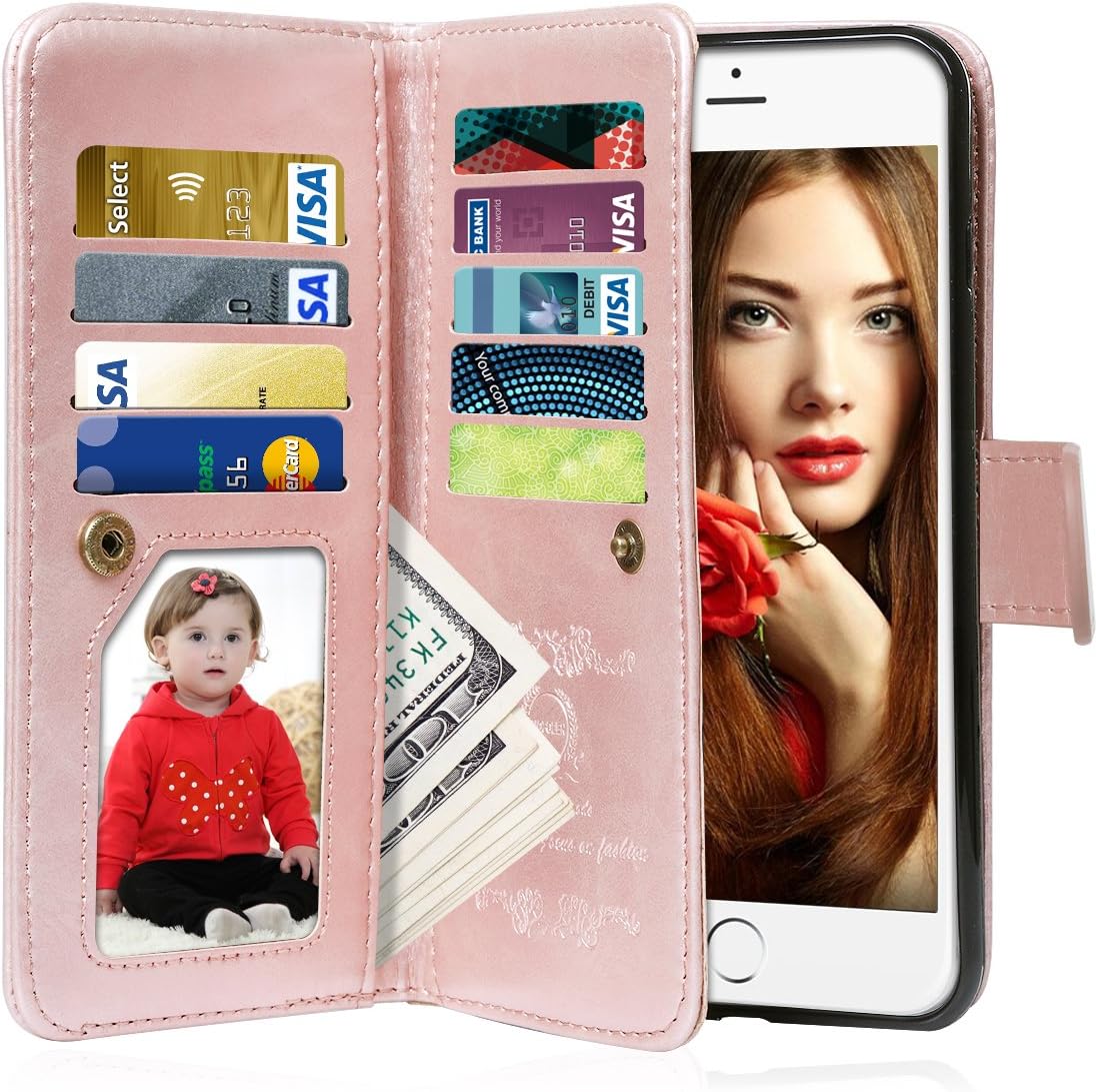 Vofolen for iPhone 6S Case Wallet, iPhone 6 Case Card Holder Folio Flip PU Leather Case Magnetic Detachable Slim Back Cover Hard Case Card Holder Slot Pocket Wrist Strap for iPhone 6 6S Rose Gold