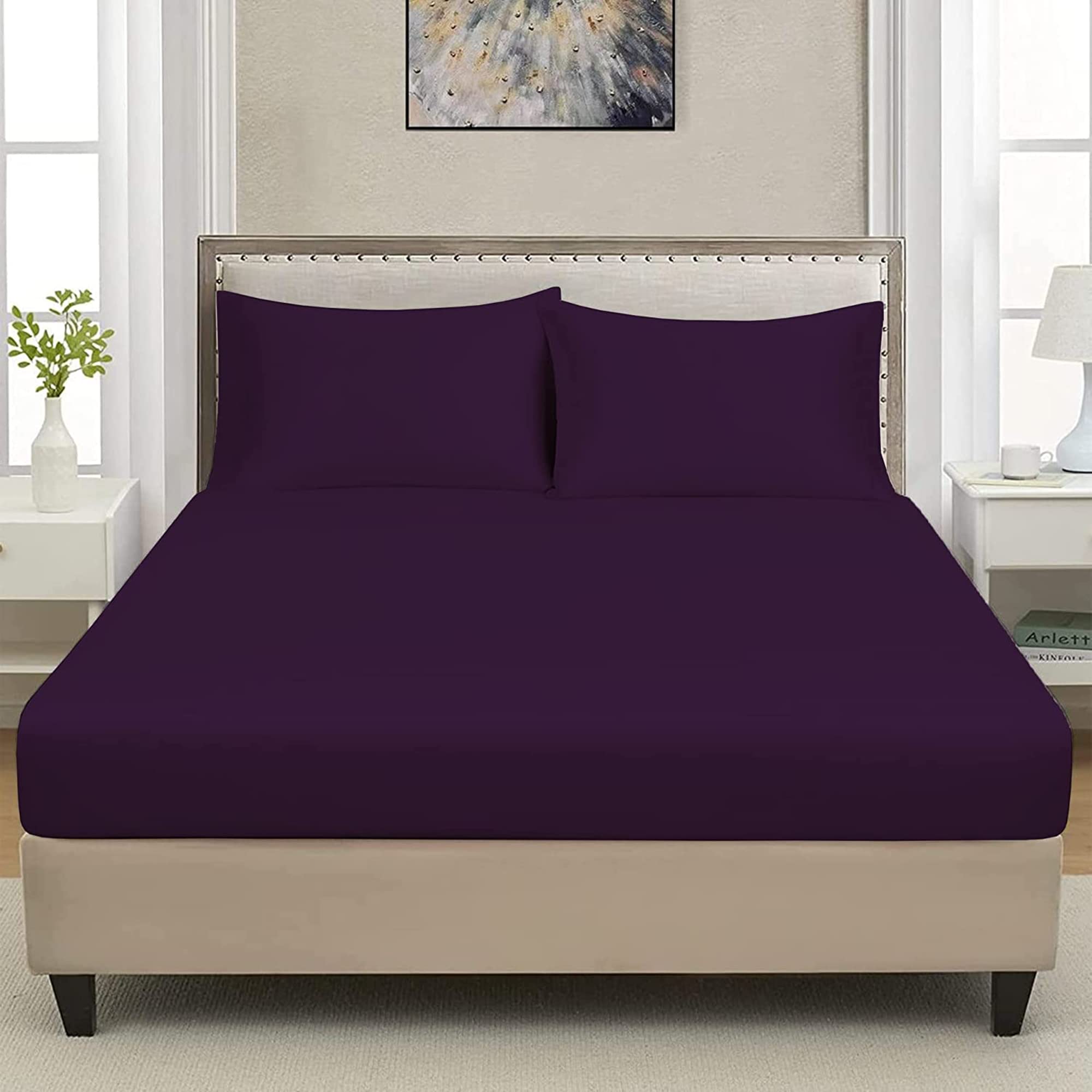 Extra Deep Luxuary Fitted Sheet 25cm Mattress Sheets 50% Cotton 50% Polyester By JRI® (Double, Plum), 25cm Plum