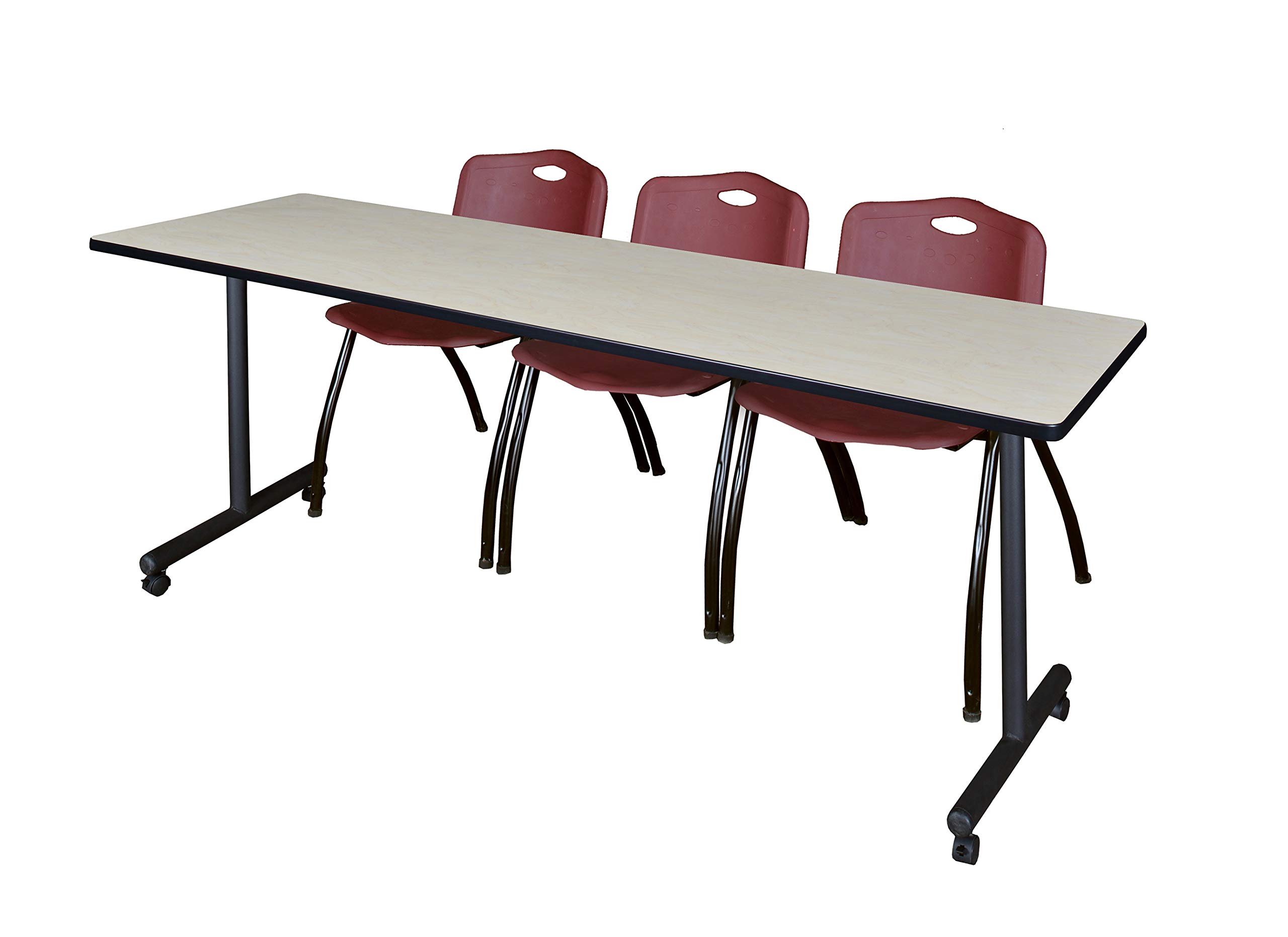 Romig Axis-Pro 84 x 24 in. Mobile T-Base Training Table- Maple, 2 M Stack Chairs- Burgundy