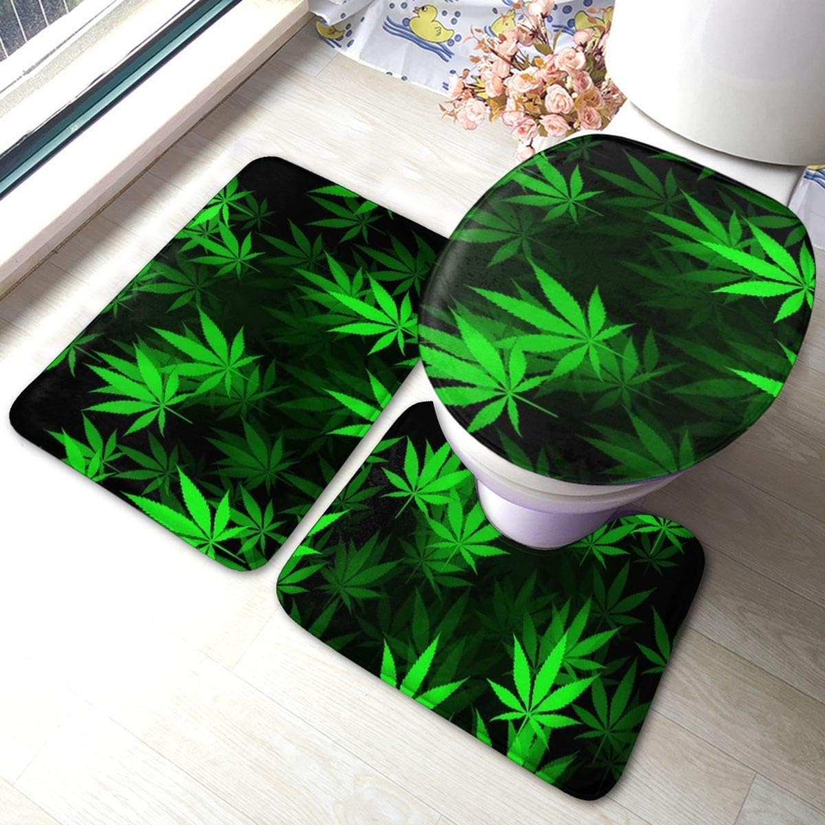 RedBeans Juego de alfombrillas de baño de franela antideslizante con diseño de hojas de marihuana de color negro y verde