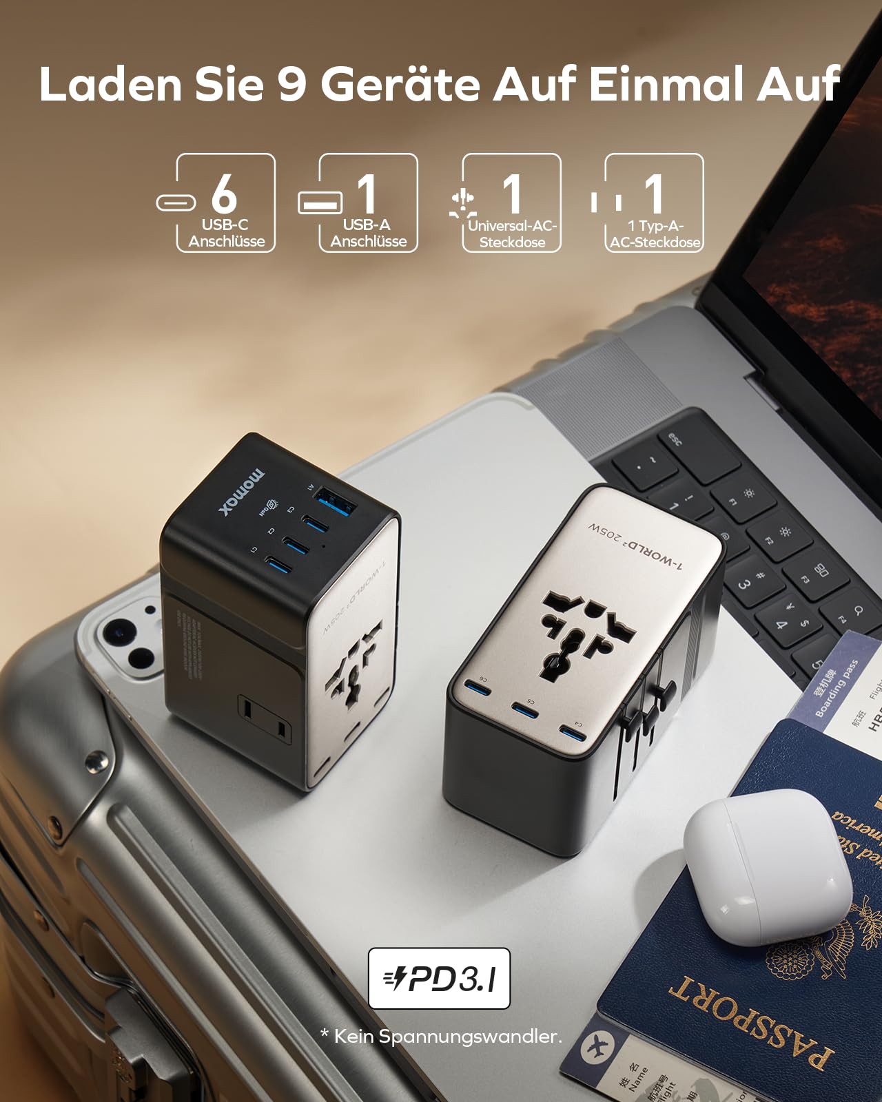 MOMAX Reiseadapter Weltweit 205W GaN Hochleistungs, Travel Adapter Worldwide mit 2 AC 6 USB C und 1 USB A, 9-in-1 Universal Adapter für EU UK USA Japan(Type C/A/G/I)