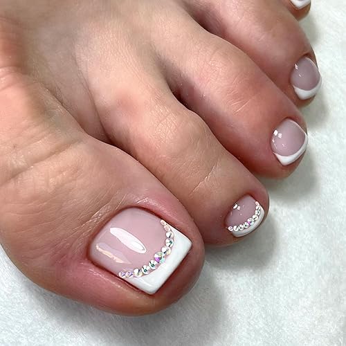 Miniatura 5 de Xcrear - Juego de uñas postizas a presión francesas blancas con purpurina, uñas medianas y con pegamento, uñas postizas medianas y falsas, uñas