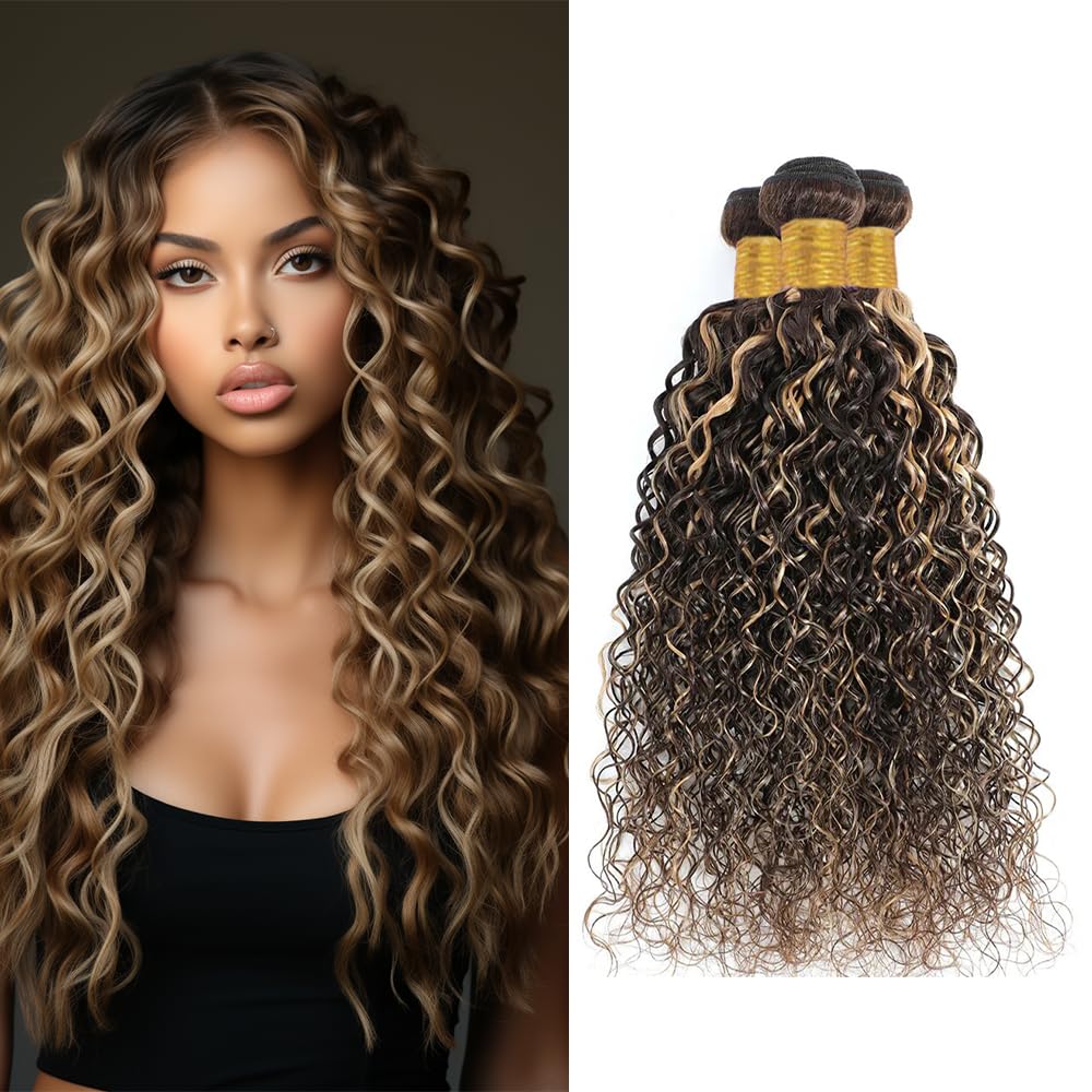 P4/613 Human Hair Highlight Blonde Kinky Curly Bundles Double Weft Brazilian Hair Extensions Ombre Two Tone Brown Mixed With Blonde Soft and Silky for Women 18, 20, 22 Inch