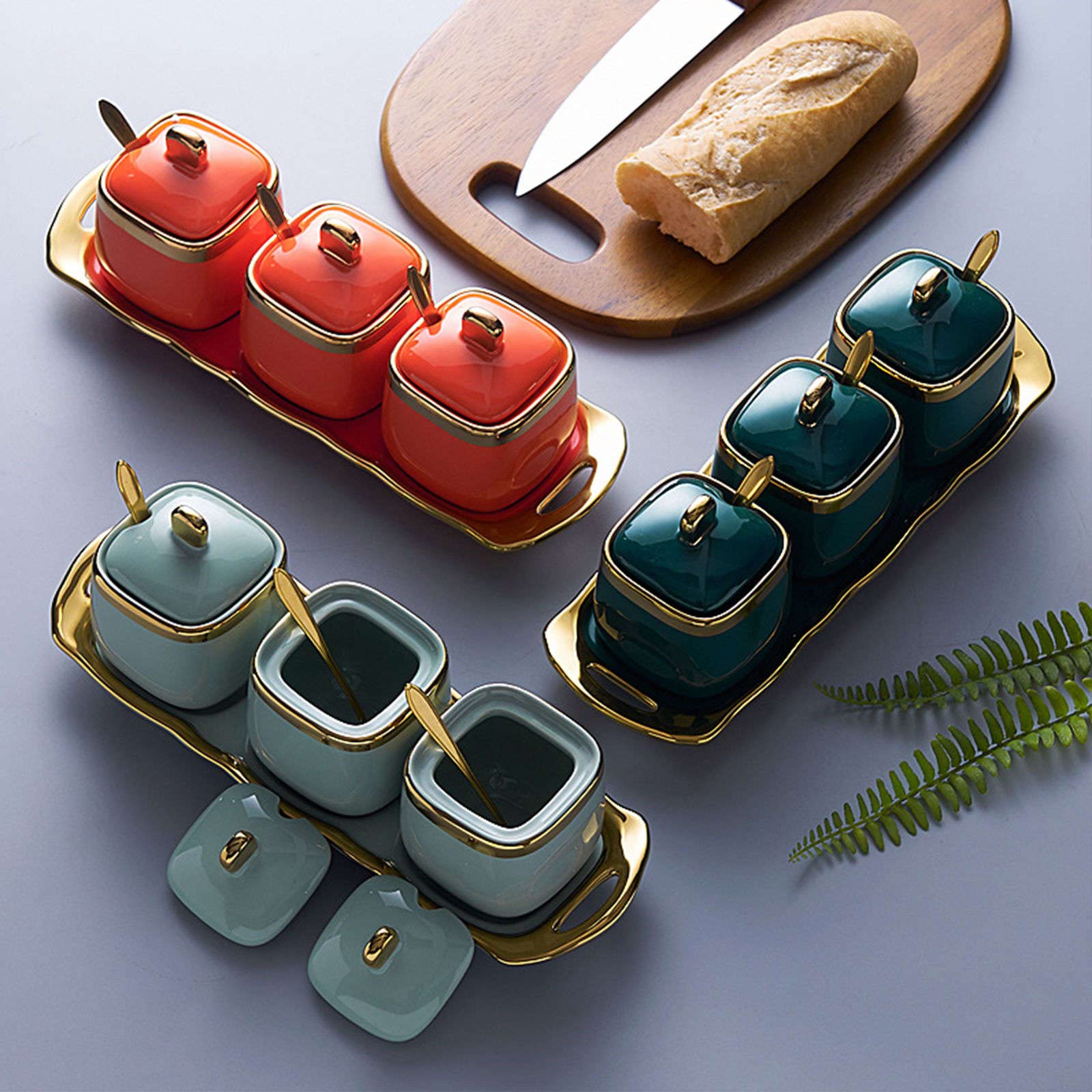 Sucrier en céramique avec couvercle et cuillère, sucrier Phnom Penh avec couvercle et cuillère, 3 ensembles de pots à sucre, pots à épices, pots à sel, pots à sucre en céramique colorés - Rouge - 3 en