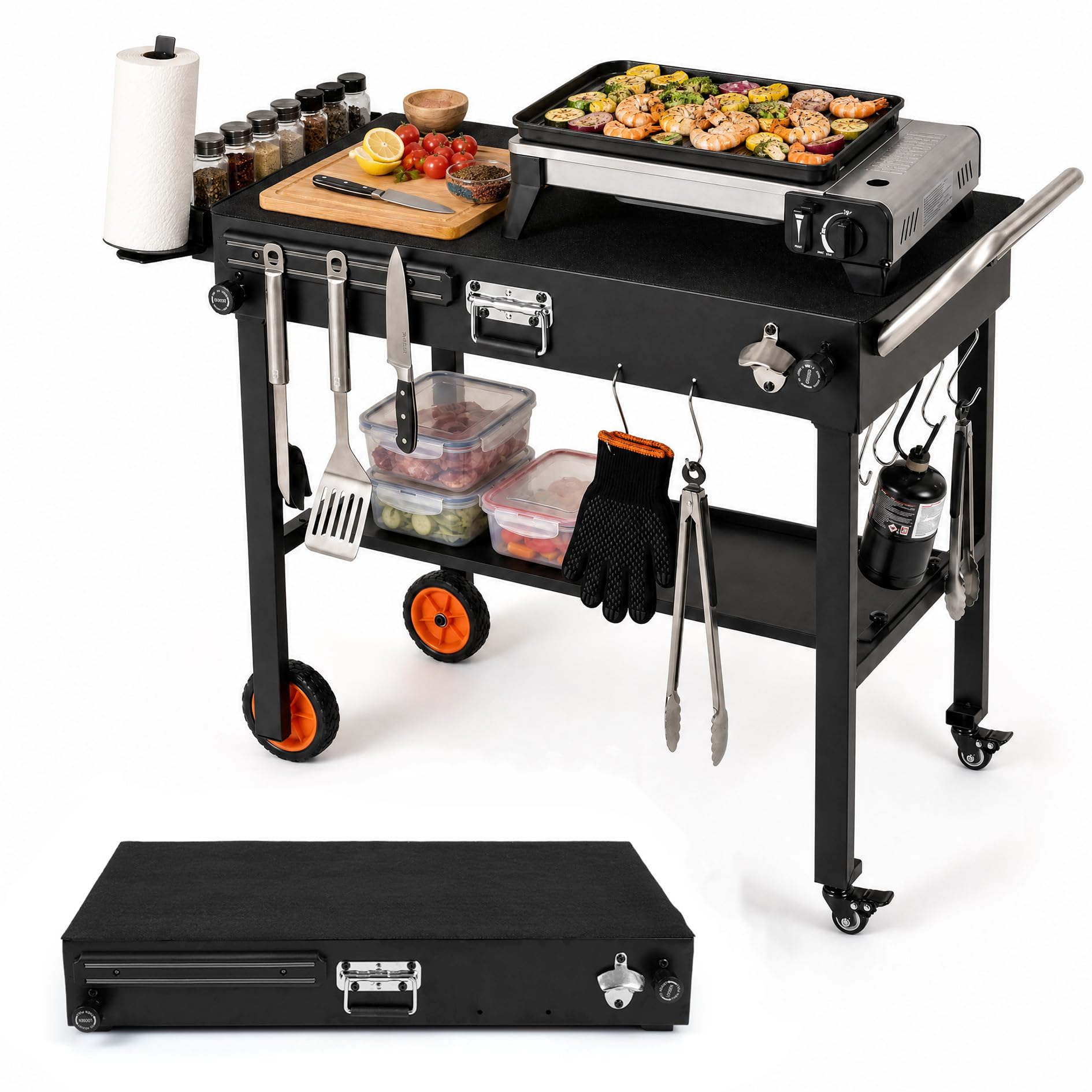 KOMFOTTEU Carrello Barbecue da Esterno Pieghevole con Ruote | Carrello per Grigliate con Ripiano Aperto, 7 Ganci e Tovaglietta Resistente al Calore, per BBQ, Picnic e Feste
