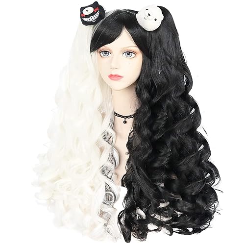 Miniatura 2 de Anogol Gorro de pelo 2 osos Peluca blanca y negra para cosplay peluca larga rizada mitad negra mitad blanca con 2 colas de caballo pelucas Lolita