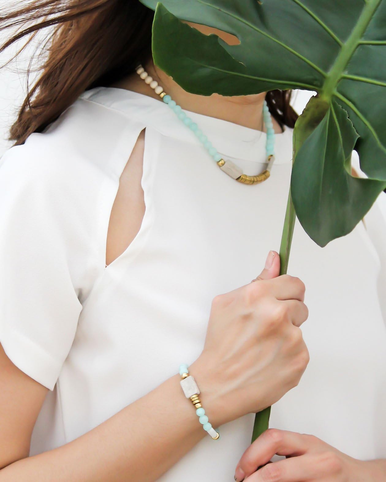 Statement Necklace : Mint Dyed Jade with Marble & Riverstone Choker Necklace