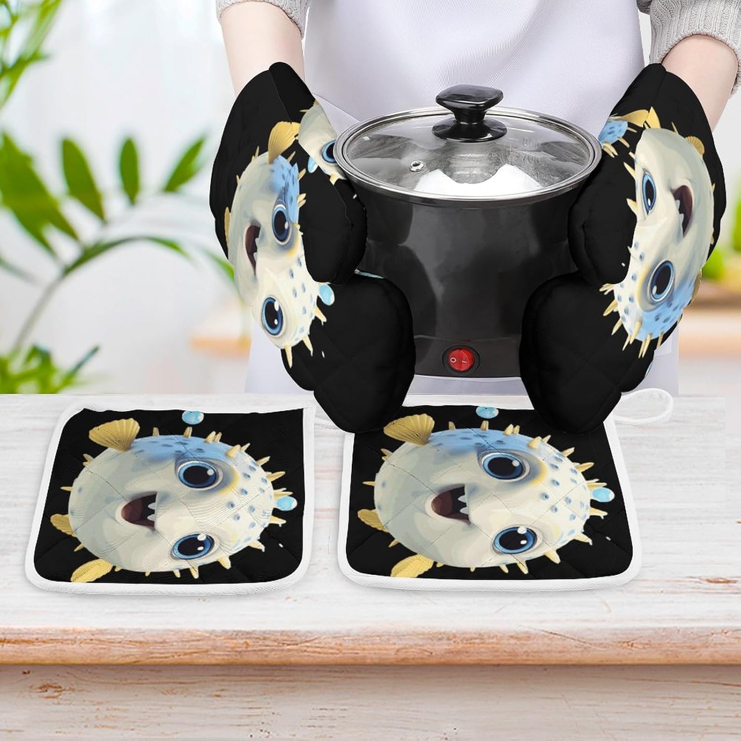 Puffer Fish 4 Pcs Oven Mitts and Pot Holders Set High Heat Resistant Long Kitchen Oven Glove Potholders