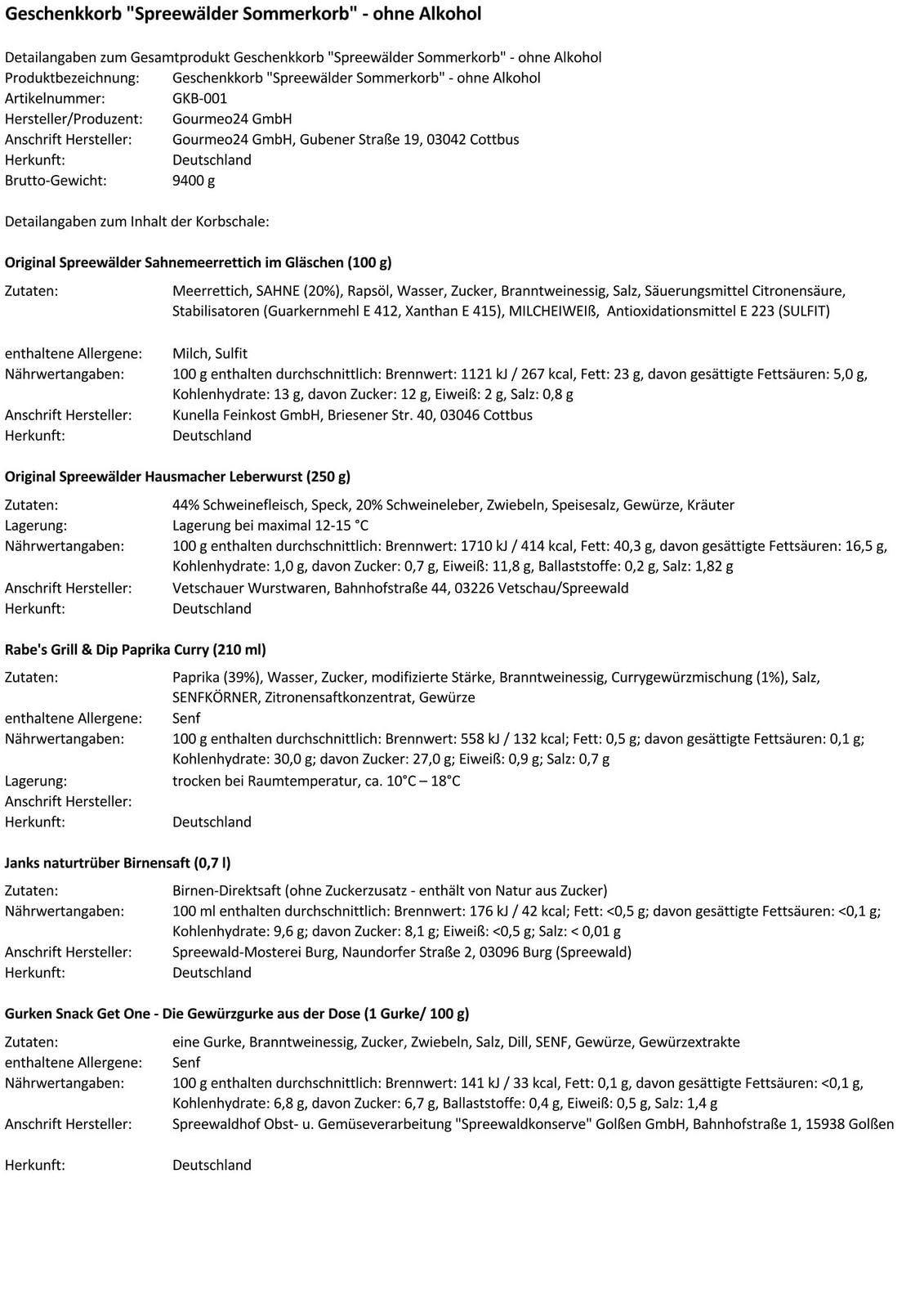 Geschenkkorb 'Spreewälder Sommerkorb' - ohne Alkohol