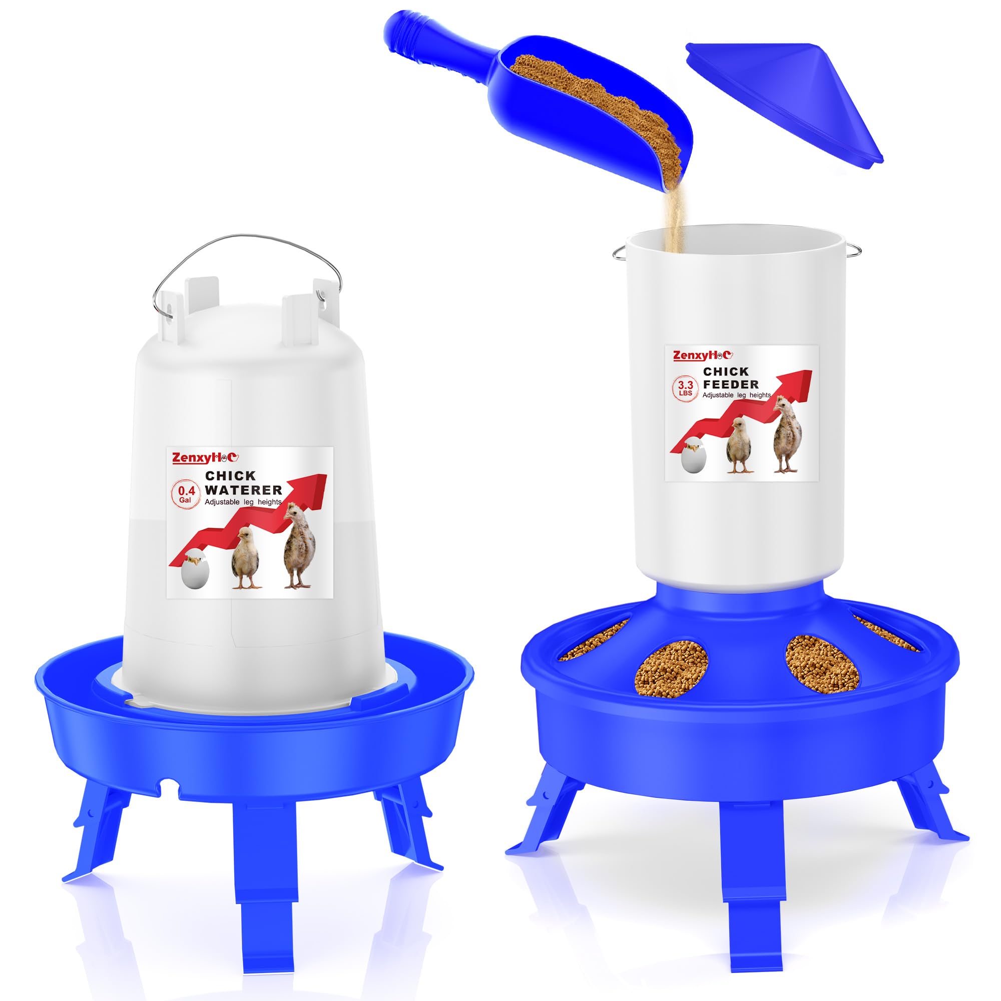 ZenxyHoC Set di cibo e abbeveratoio per pulcini, con mangiatoia da 1,5 l e abbeveratoio da 1,5 l per riempire la parte superiore, con pala e 3 gambe regolabili in altezza, blu