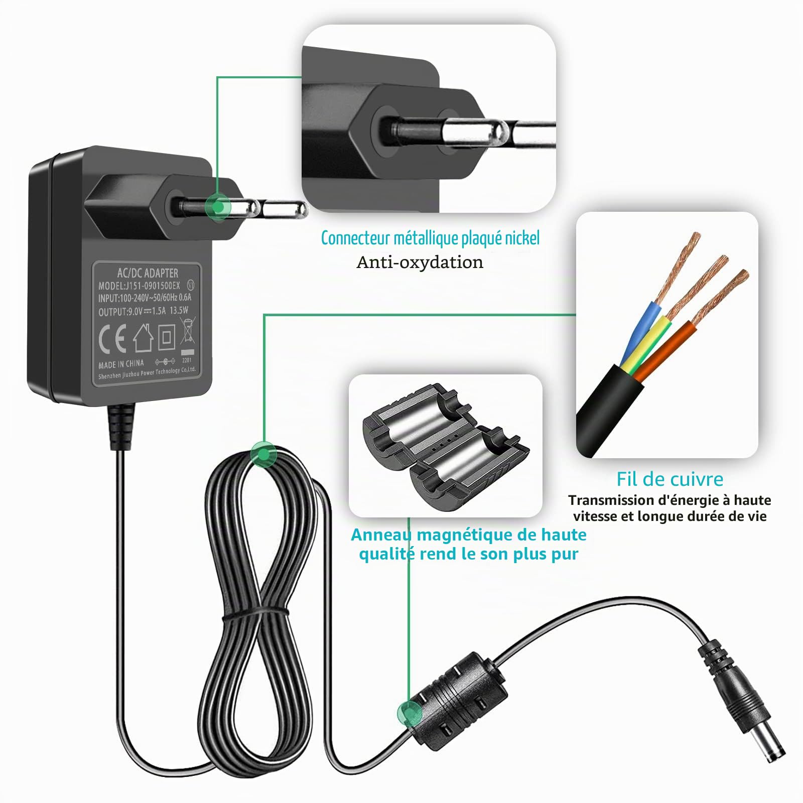 Alimentation pour Pédale de Guitare 9V 1,5A 9 V 1 A AC DC Adaptateur, avec Câble de Chaîne en Guirlande 5 Voies Central Négatif pour Clavier Casio pour Pédale d'effet Guitare Boss.