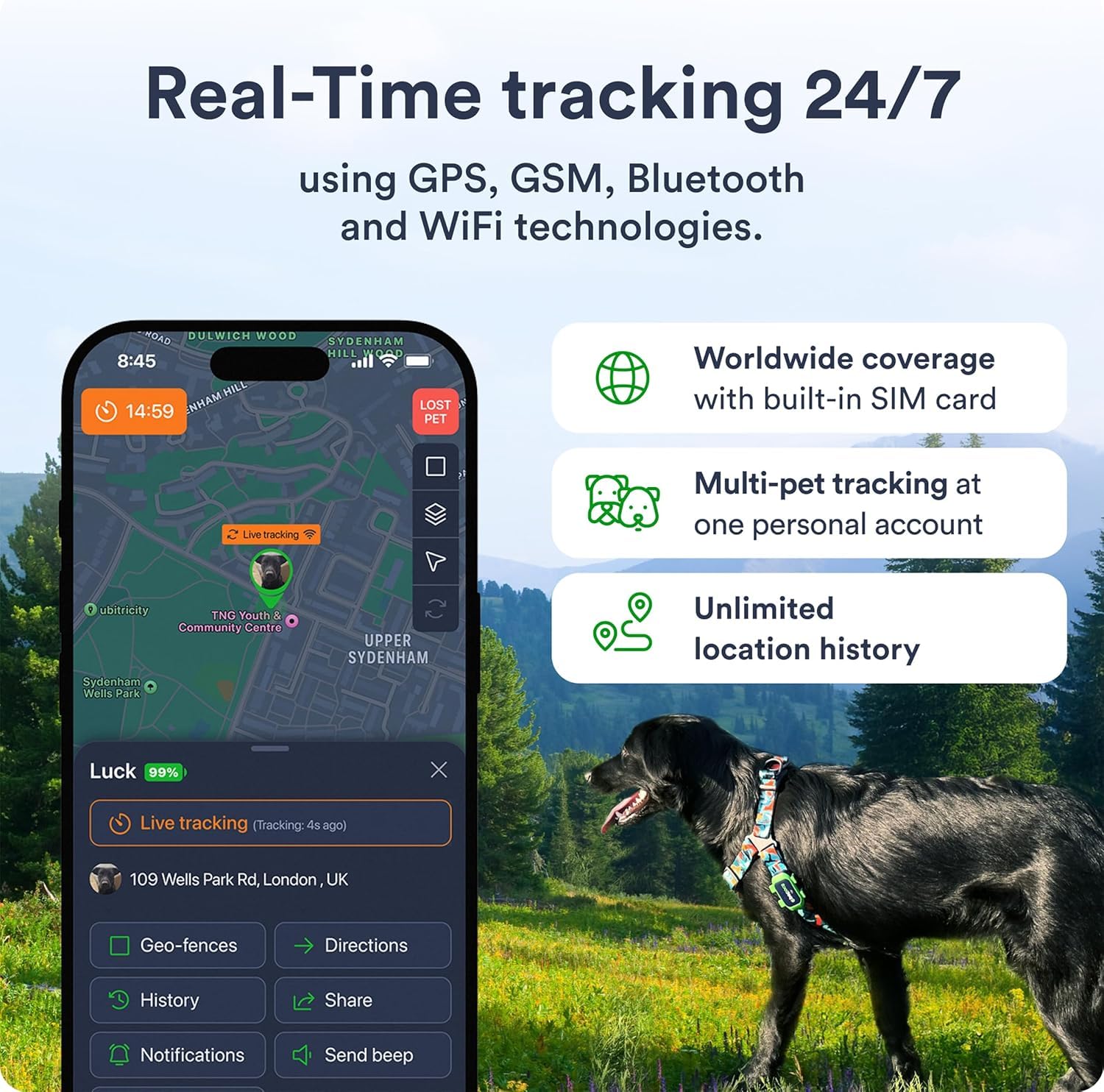 Rastreador GPS para perros – El rastreador de perros se adapta al collar de tus mascotas, impermeable, geofencing controlable por aplicación inteligente e historial de ubicación de mascotas (perro - 4