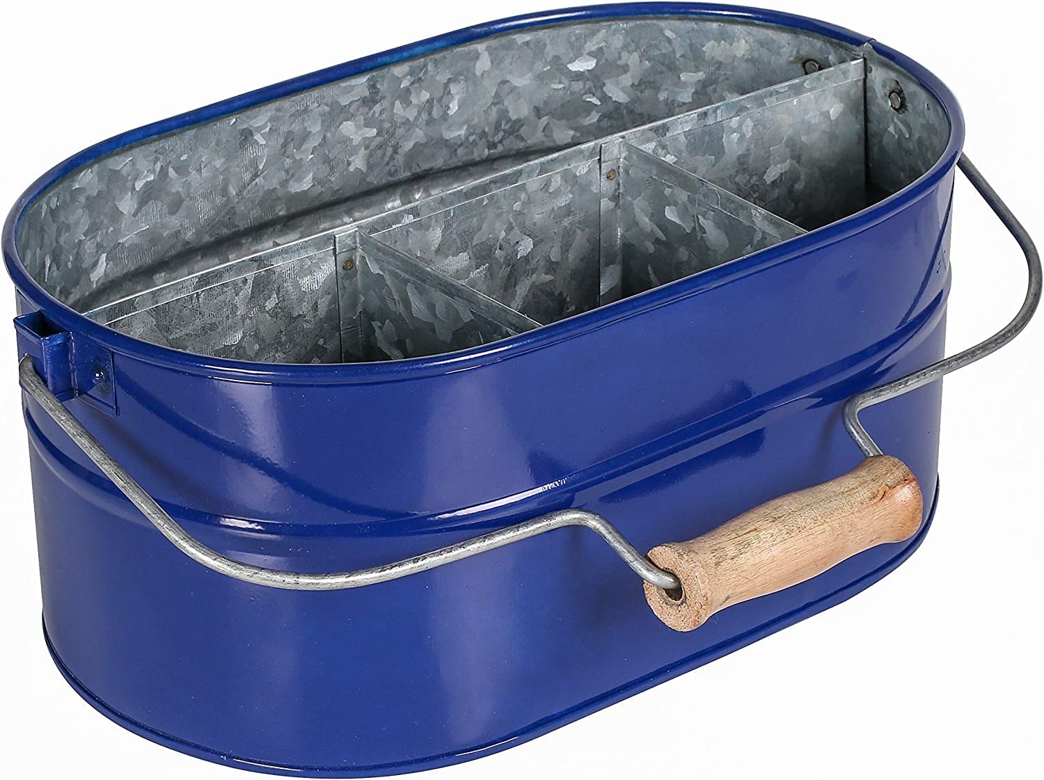 Farmhouse Utensil Caddy -All Serveware - Galvanized Metal Organizer for Kitchen Counter,Metal Picnic Caddy -Wooden Handle Indoor Outdoor Storage For Flatware, Condiments, Party Cutlery - Blue