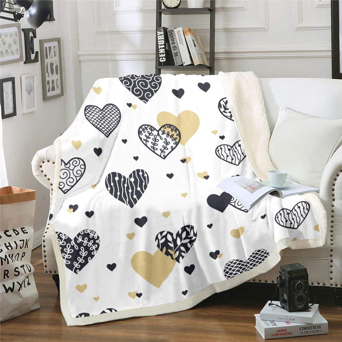 Loussiesd Coperta in pile di flanella moderna geometrica blu a righe geometriche per letto divano arte astratta coperta super morbida in flanella 101 x 127 cm