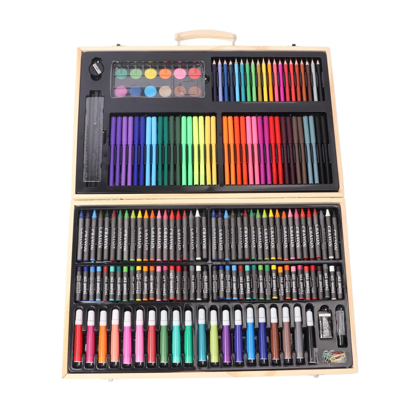 Kinder-Malset aus Holz, multifunktionales Kunstbedarf-Set für Kinder mit 158 Teilen, darunter Wachsmalstifte, Pastelle und Aquarellstifte, in einer Holzkiste – ideal für Zuhause,