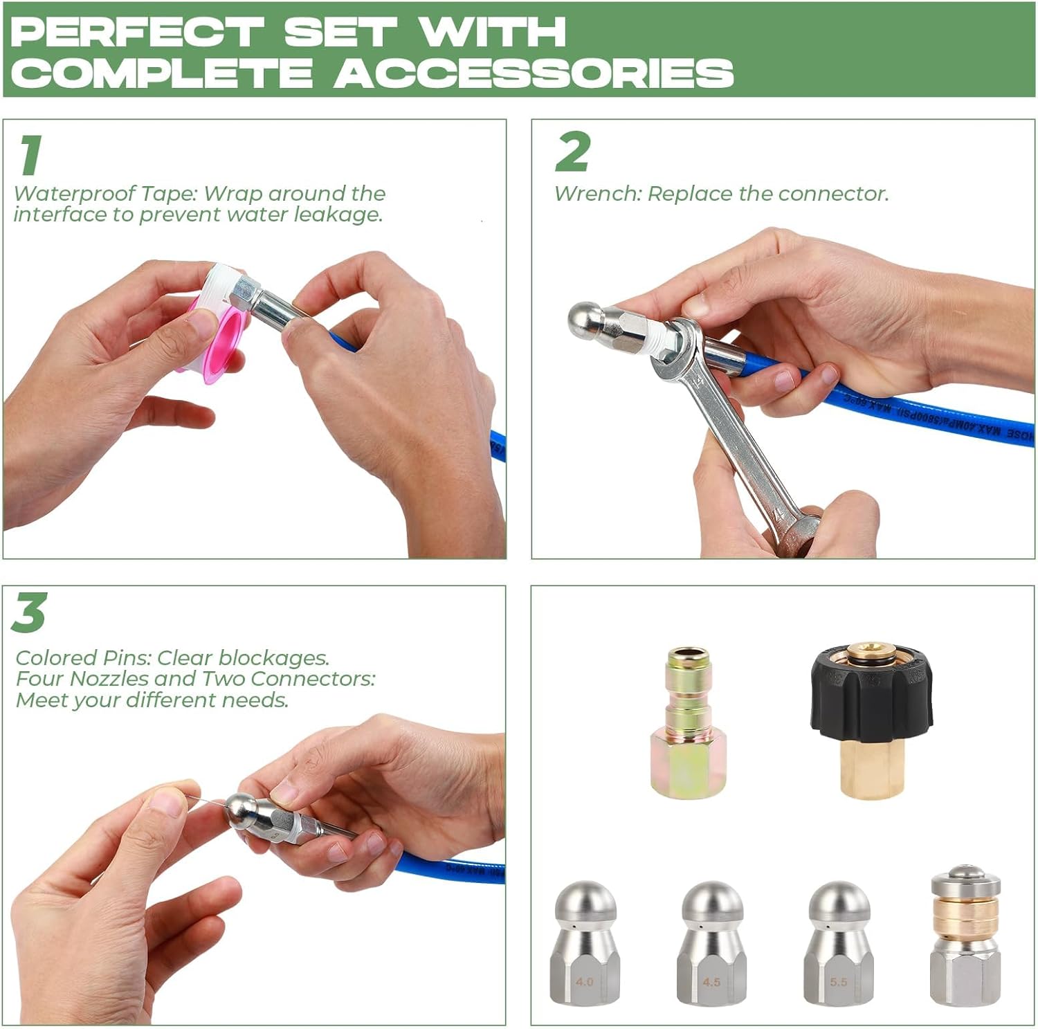 Sewer Jetter Kit for Pressure Washer 150FT, 5800 PSI Water Jet Drain Cleaner Hose 1/4 Inch NPT Corner, Rotating and Button Sewer Jetting Nozzles, Waterproof Tape, Spanners, and Pearl Corsage Pin