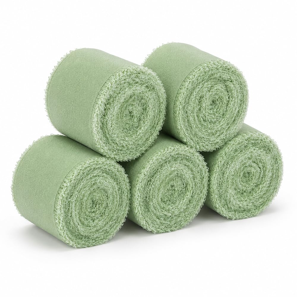 5 Rolls Green Chiffon Ribbon 4cm x 5m, Hand Torn Frayed Edges (Green)