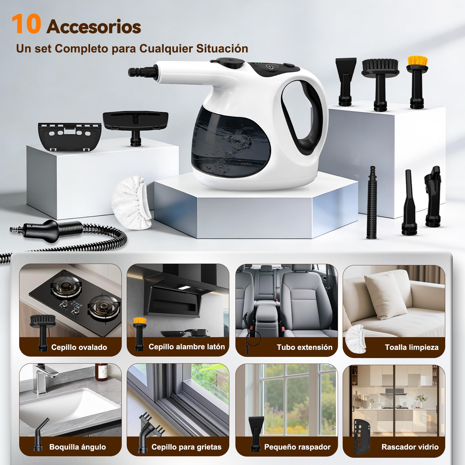 Vaporeta de Mano 400ML 10 Accesorios Calentamiento 5S 0.92kg Limpieza Hogar