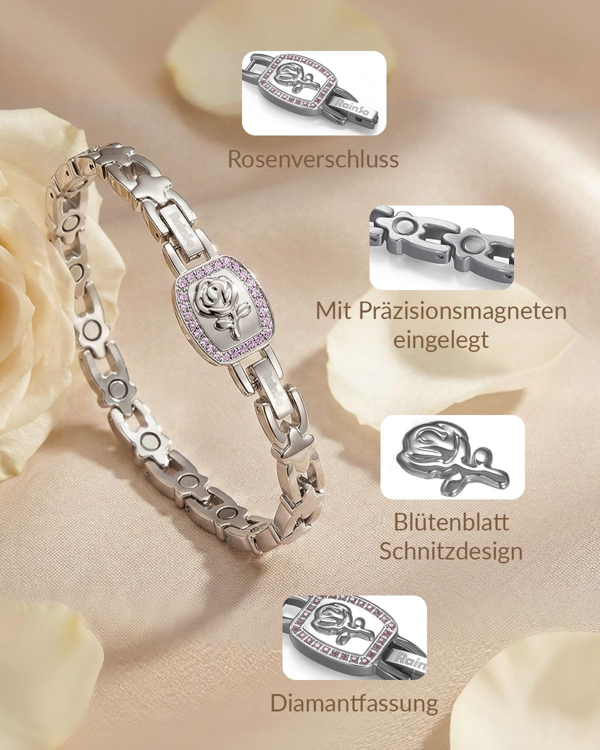 RainSo Bracelet magnétique pour femme - Rose amovible - Bracelet 2 en 1 en acier inoxydable avec double design de port - Taille réglable - Avec outil de réglage et boîte cadeau (rose)