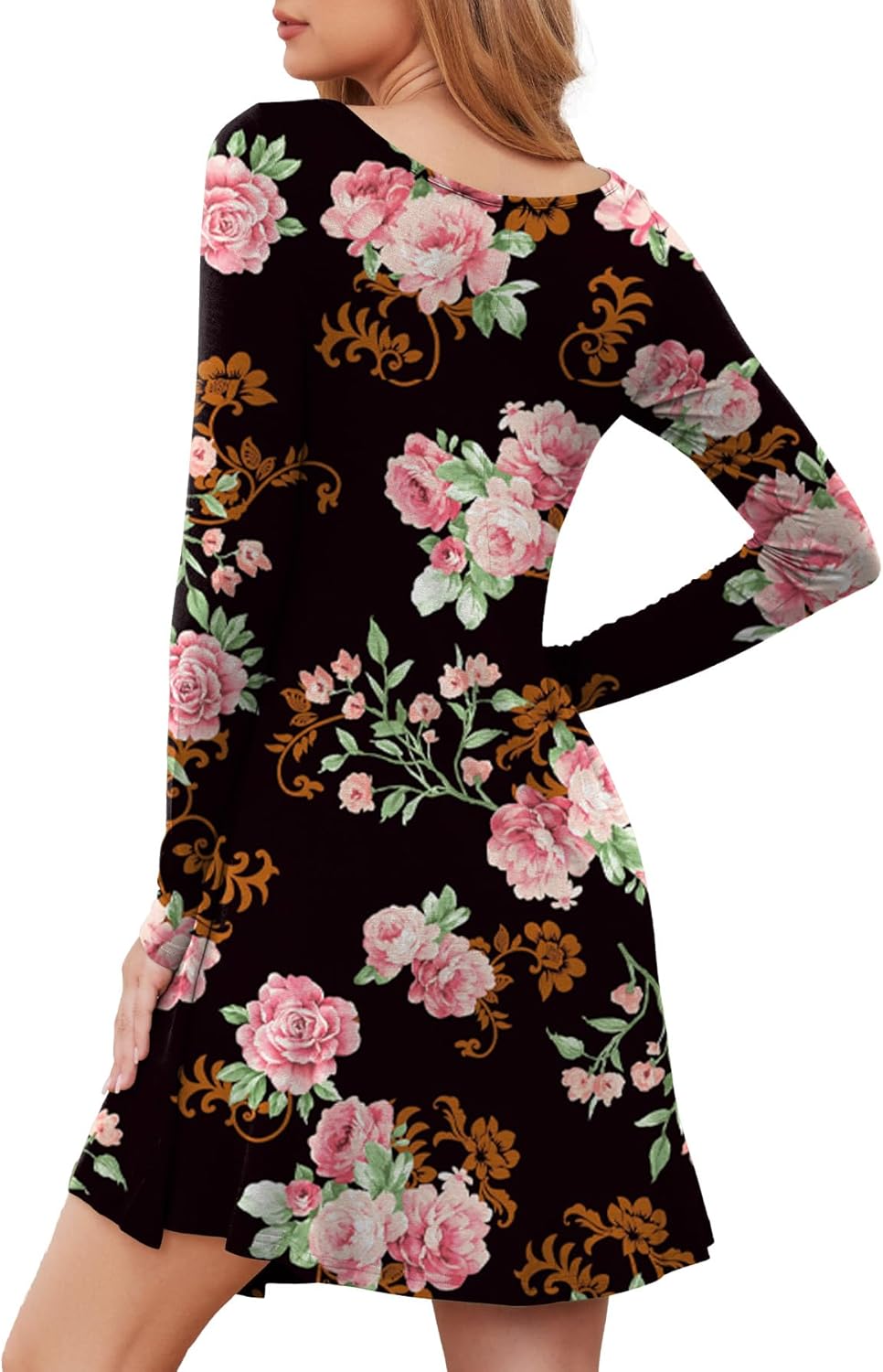 DEARCASE Women's T Shirt Dress Long Sleeve V-Neck Floral Print Casual Loose Flowy Swing Dresses - Image 2