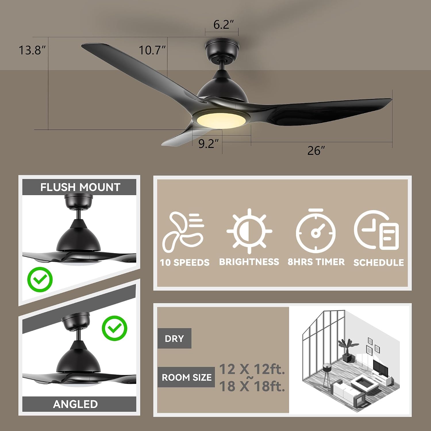 SMAAIR Smart Ceiling Fan with Remote Control, 52 Inch Indoor Low Profile Modern Ceiling Fans with Dimmable LED Light Kit, Timer with 10 Speeds, Works with Alexa/Google Assistant/Siri Shortcut,Black