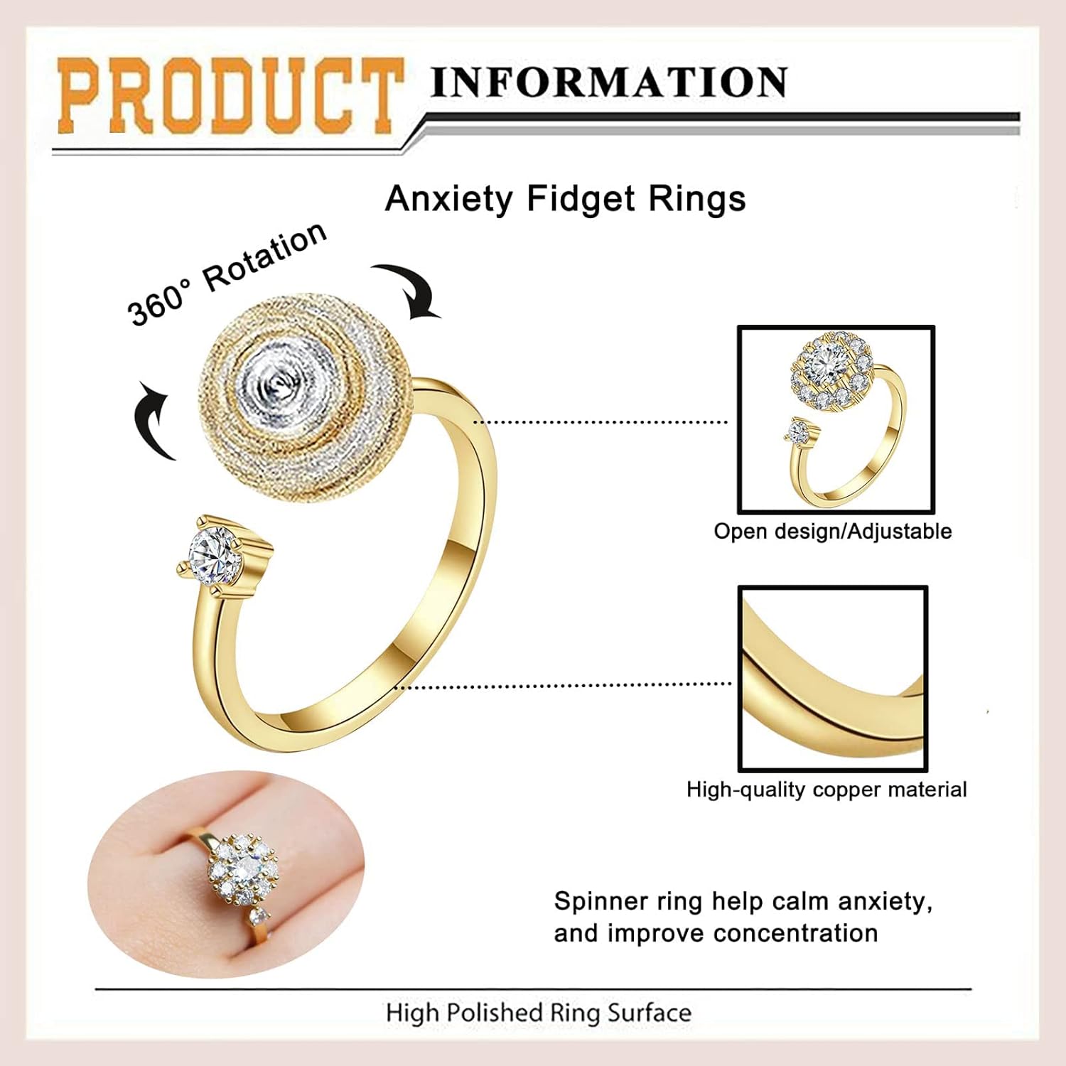 Honsny 6Pcs 14K Gold Plated Anxiety Rings for Women, Adjustable Spinner Anxiety Ring, CZ Butterfly Bee Moon Star Fidget Rings for Anxiety Stress Relief for Women - Image 5