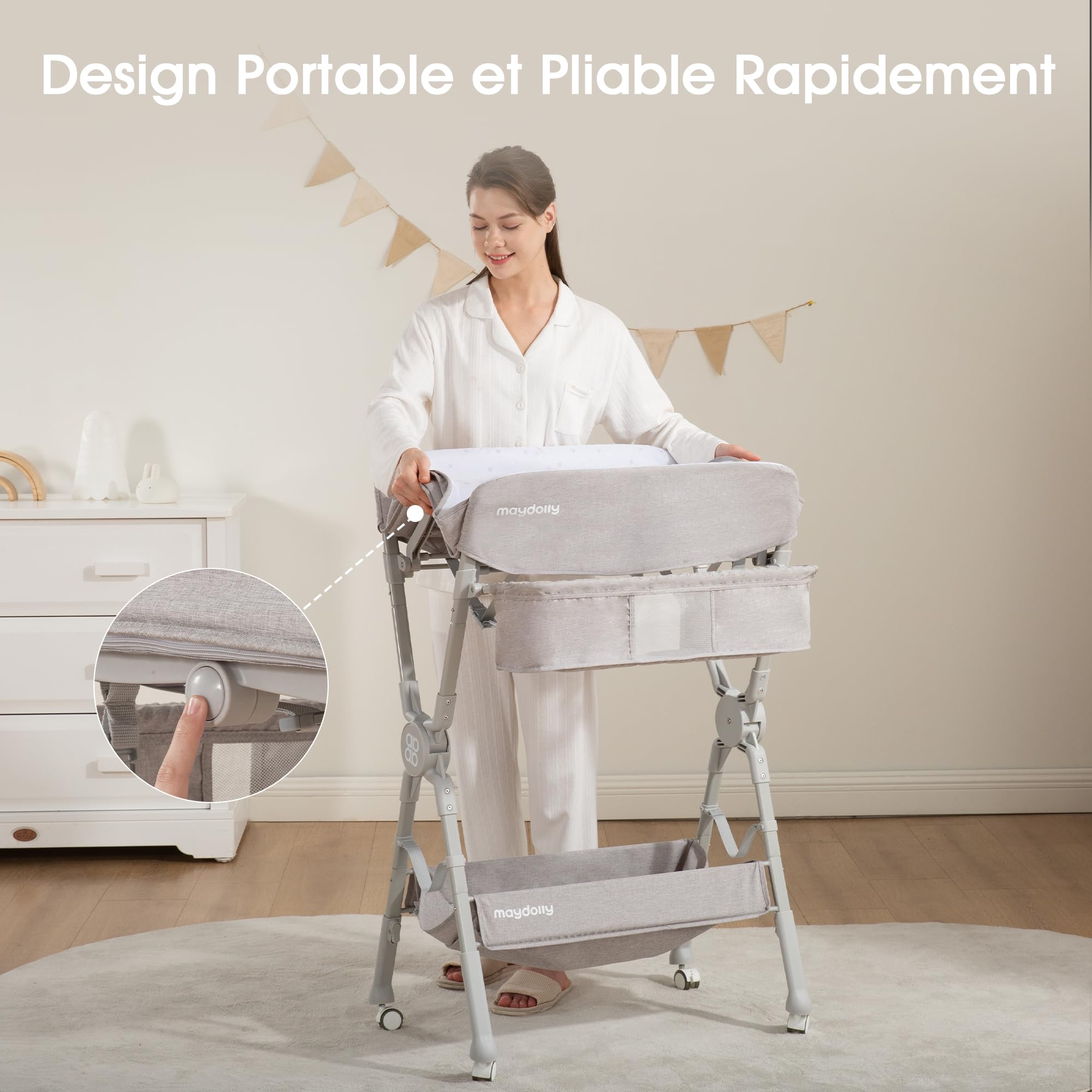 Table à langer pliable et réglable en hauteur Maydolly, table à langer mobile avec roulettes, matelas imperméable facile à nettoyer, commode à langer compacte avec rangements – jusqu’à 15 kg, gris
