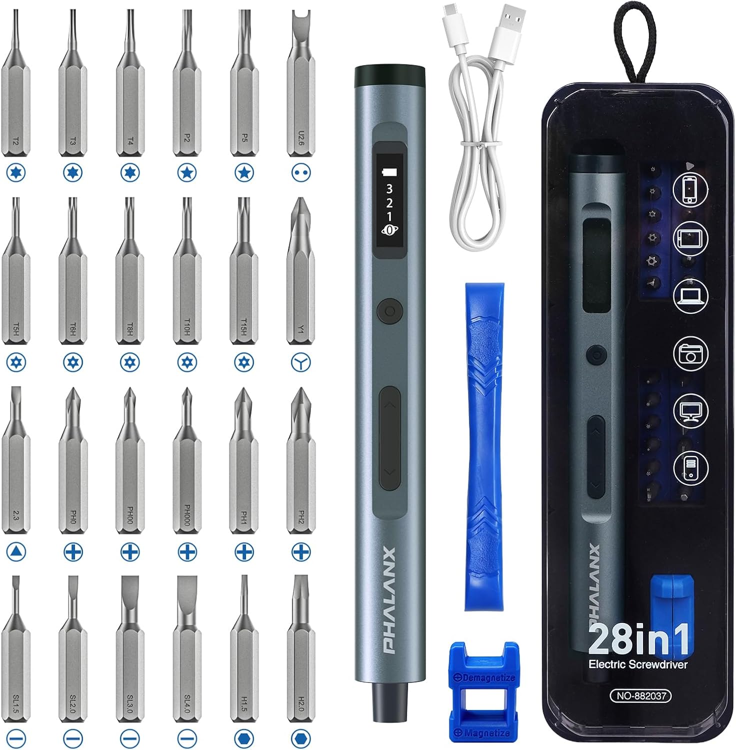 PHALANX Mini Electric Screwdriver Precision Set for Phone & Laptop Repair – 28-in-1 Cordless Rechargeable, S2 Steel Bits, Type-C Fast Charging, for Electronics Repair (Grey)