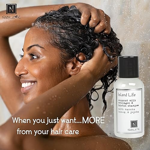 Miniatura 5 de Nabila K Champú de colágeno y biotina, 2.4 onzas, Island Life, leche de coco, miel de manuka y jojoba, limpiador, hidratante, seguro para el color,
