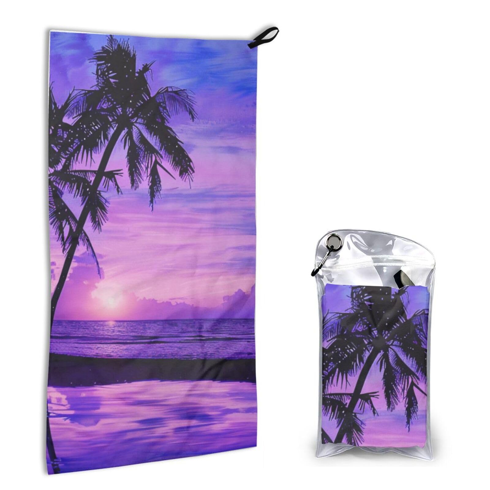 BWWHCCTI Quick Dry Hand Towel With Bag - Palm Tree Purple Sunset Printed Super Absorbent Face Cloth Microfiber Travel Sports Towels 40x80cm