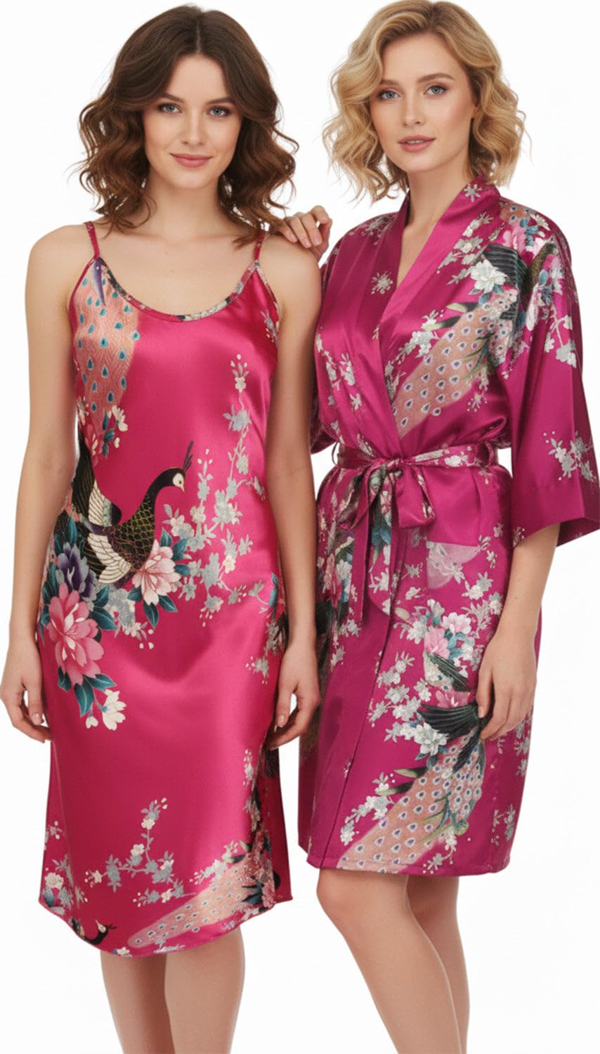 Trifolium Kimono Robe And Chemise Silky Peacock Satin Nightgown Bathrobe Wedding Negligee Nightdress — view 23