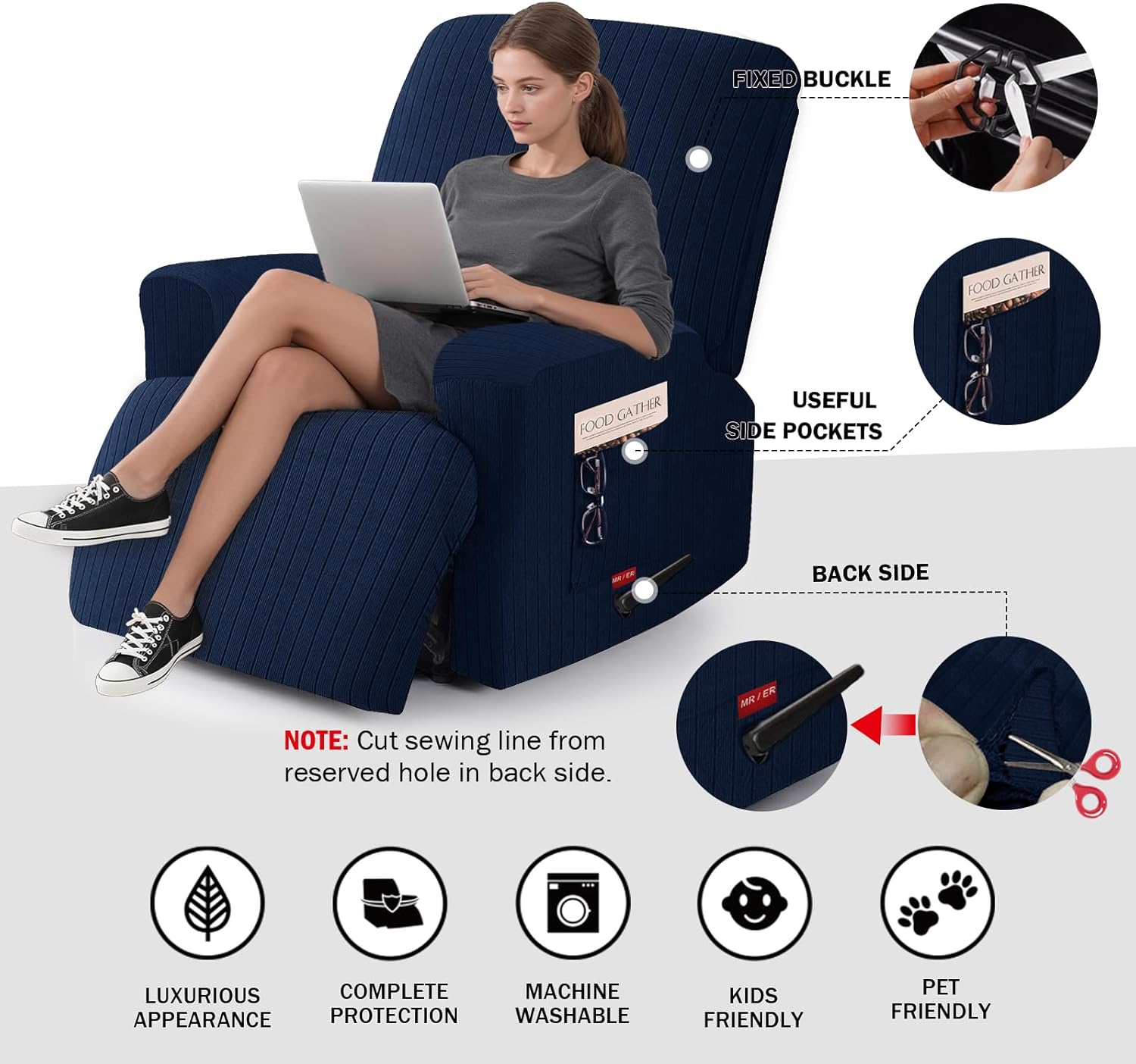 3 Pieces Stretch Oversized Recliner Chair Covers - Striped Pattern Slipcovers & Durable Furniture Protectors for Kids and Pets (1 XL Seater, Navy)