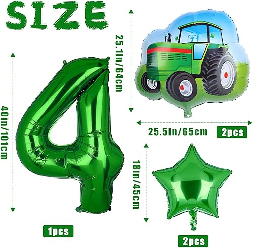 Miniatura 2 de 5 globos de tractor, color verde, número de cumpleaños de mylar, temática de granja, suministros de fiesta de 4 cumpleaños (4)