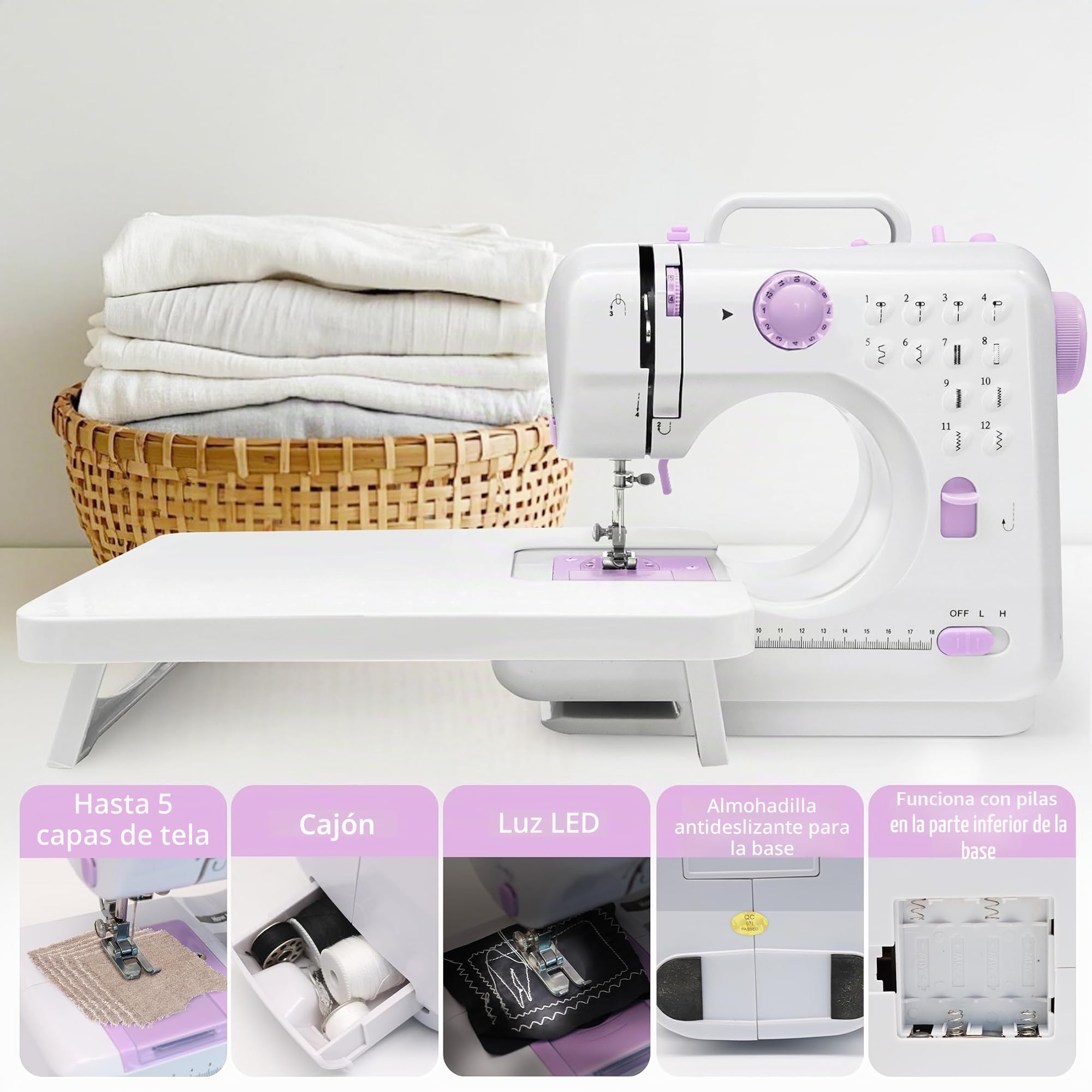Máquina de Coser con Mesa de Extensión, Mini Máquinas de Coser Eléctrica Portátil, 12 Máquinas de Coser con Luz LED, Kit de Accesorios de Costura, Ideal para Ropa, Fundas de Almohada, Sábanas