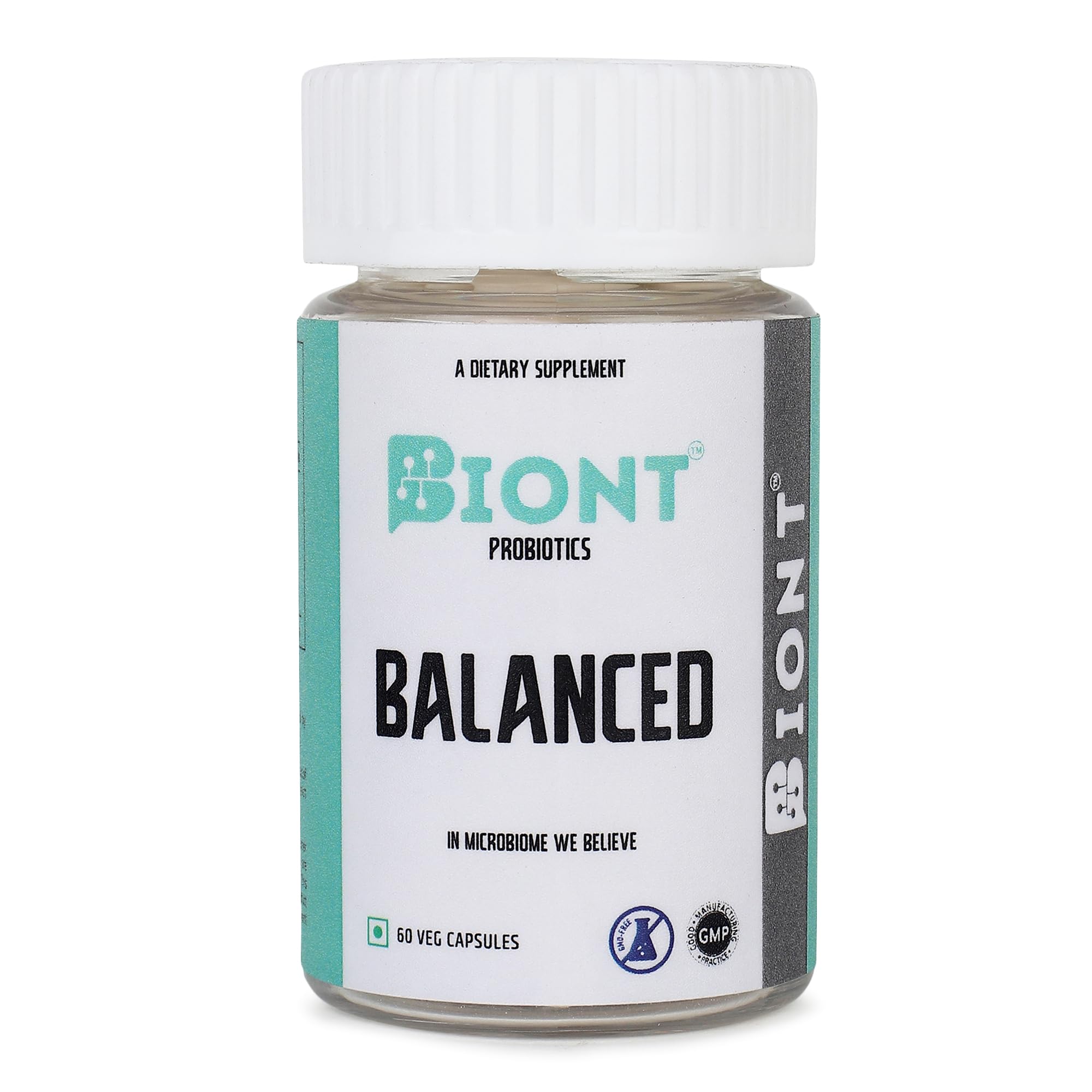BIONT BALANCED | Probiotics 5 Strains and Prebiotics | Based on Indian Gut Microbiome Data | 60 Veg Capsules | Gut Health