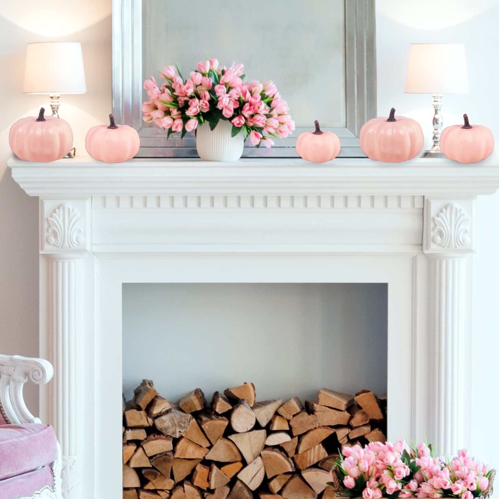 BESTTOYHOME 12 Pcs Assorted Faux Small Light Pink Pumpkins Decorative Pumpkins Pale Pink Foam Pumpkins for Fall Halloween Thanksgiving Wedding Baby Shower Table Centerpiece Farmhouse Decor