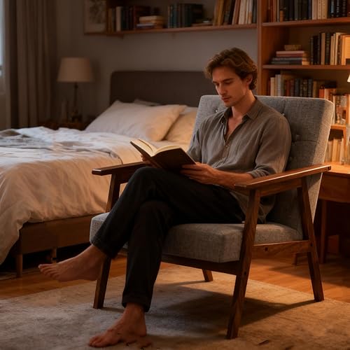 Miniatura 7 de TARSHYRY Silla decorativa de mediados de moda, sillón tapizado de lino con marco de madera de goma y cojín suave, cómoda silla de descanso para sala