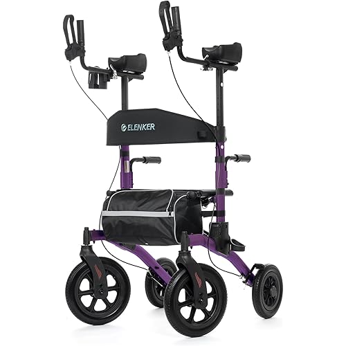 ELENKER All-Terrain Upright Rollator Walker, Stand up Rolling Walker with Seat, 12” Non-Pneumatic Wheels, Compact Folding Design for Seniors, Purple
