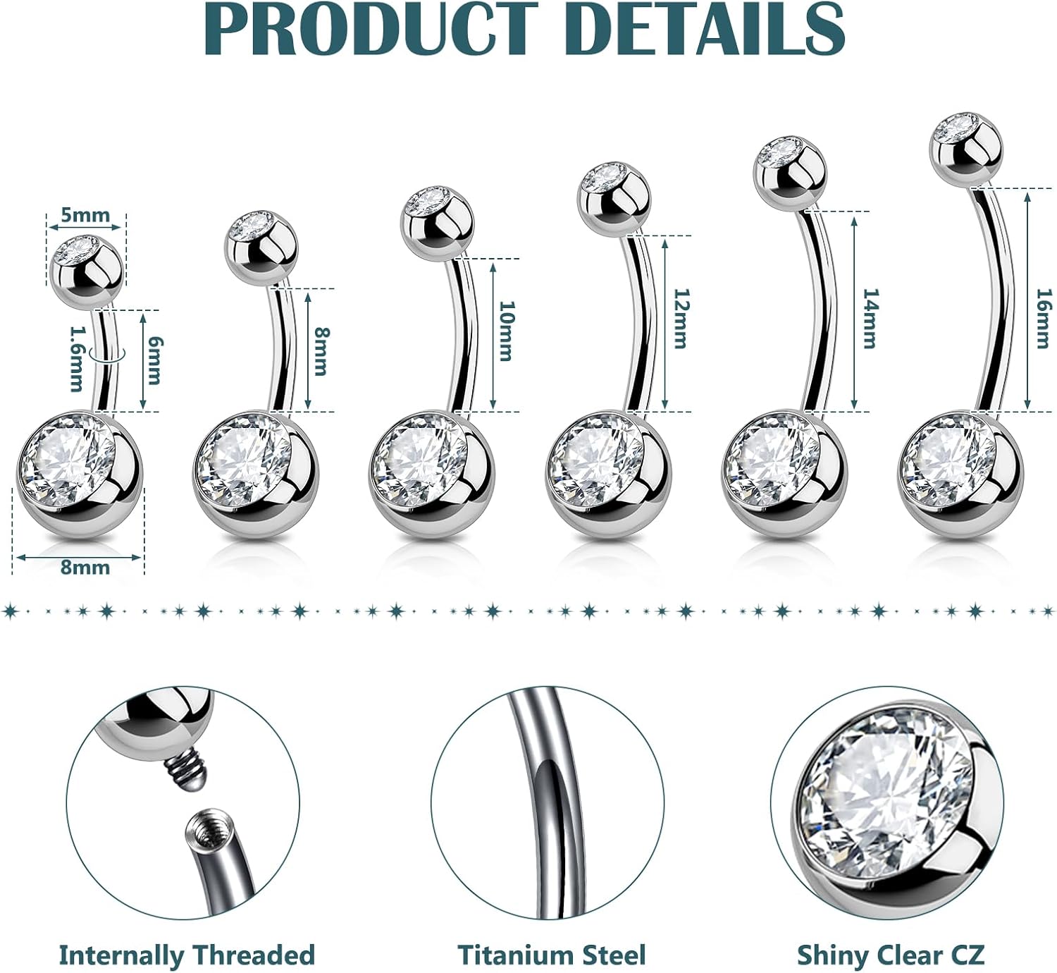 DJCIW 2PCS G23 Titanium Belly Button Rings 14G with Sparkling Cubic Zirconia Internally Threaded Navel Belly Piercing Curved Barbell Jewelry For Women Multiple Bar Lengths 6mm 8mm 10mm 12mm 14mm 16mm - Image 2