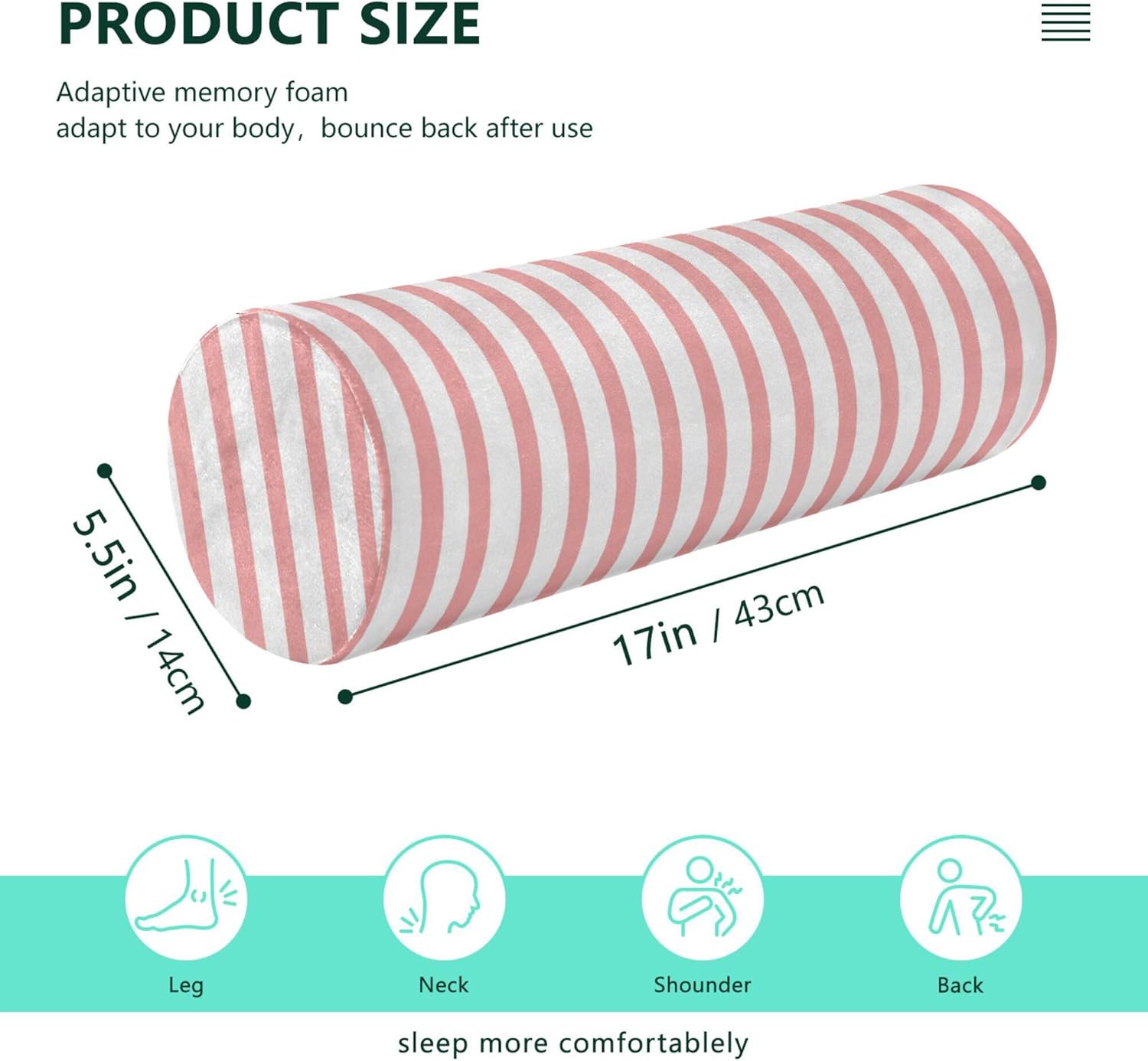 Cylinder Pillow Neck Roll Memory Foam Round Pillow for Sleeping Pink Stripe Bolster Pillow with Removable Washable Cover for Head Neck Legs Support - Image 3