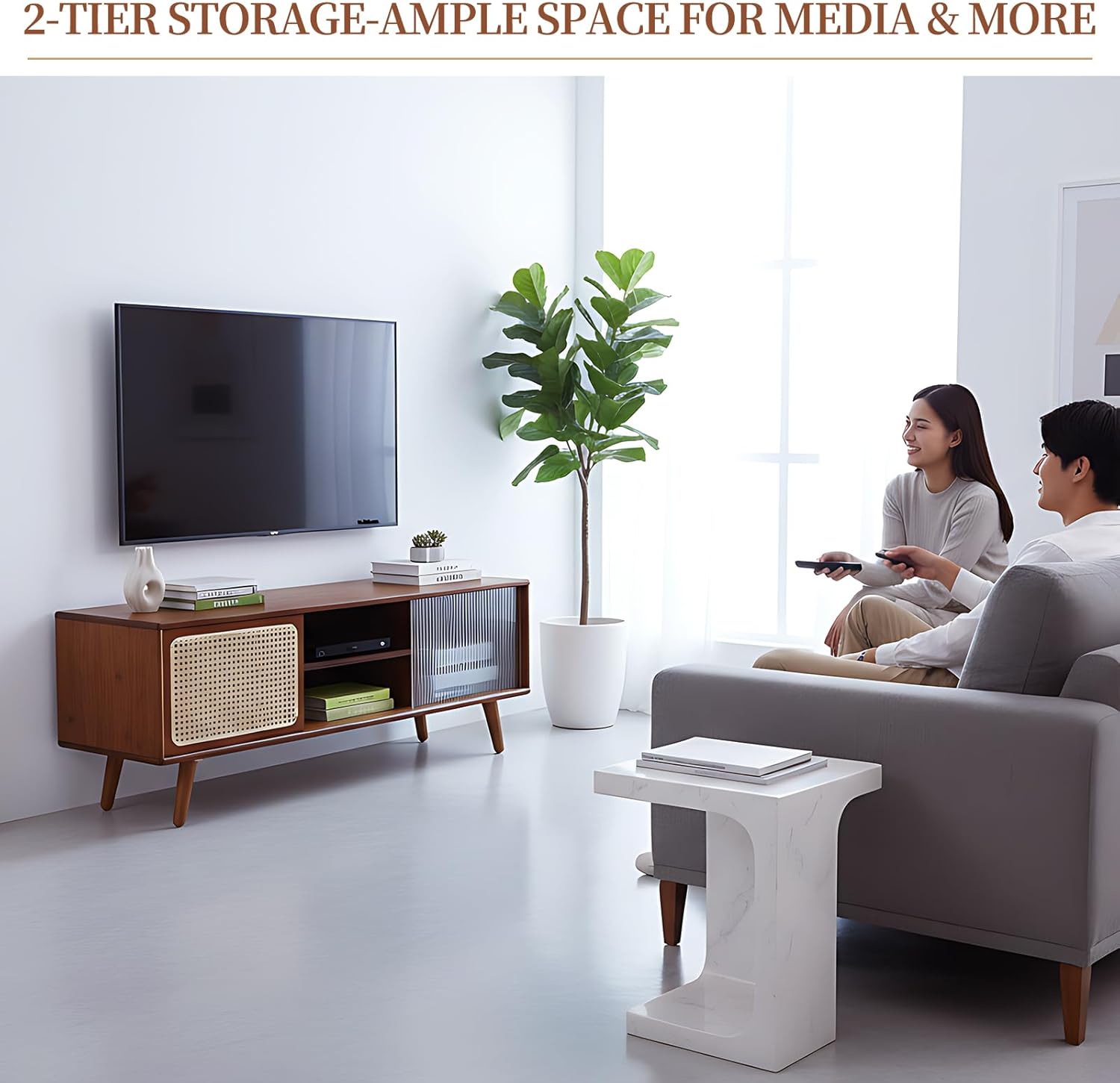 Tiita Rattan TV Stand for 55 Inch TV, Bamboo TV Cabinet with Adjustable Shelf and Storage, Boho Entertainment Center, Mid Century Modern Media Console for Bedroom, Living Room, Study, Walnut - Image 9