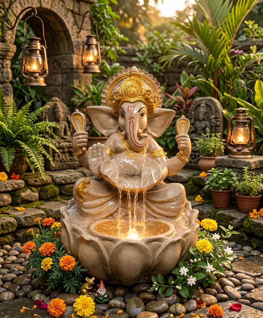 Premium Lord Ganesha Lotus Water Fountain Showpiece | 2 Feet Beige Kamal Ganesh Waterfall Fountain for Home Entrance, Garden Decor, Indoor Temple, Spiritual Decoration-picture-12