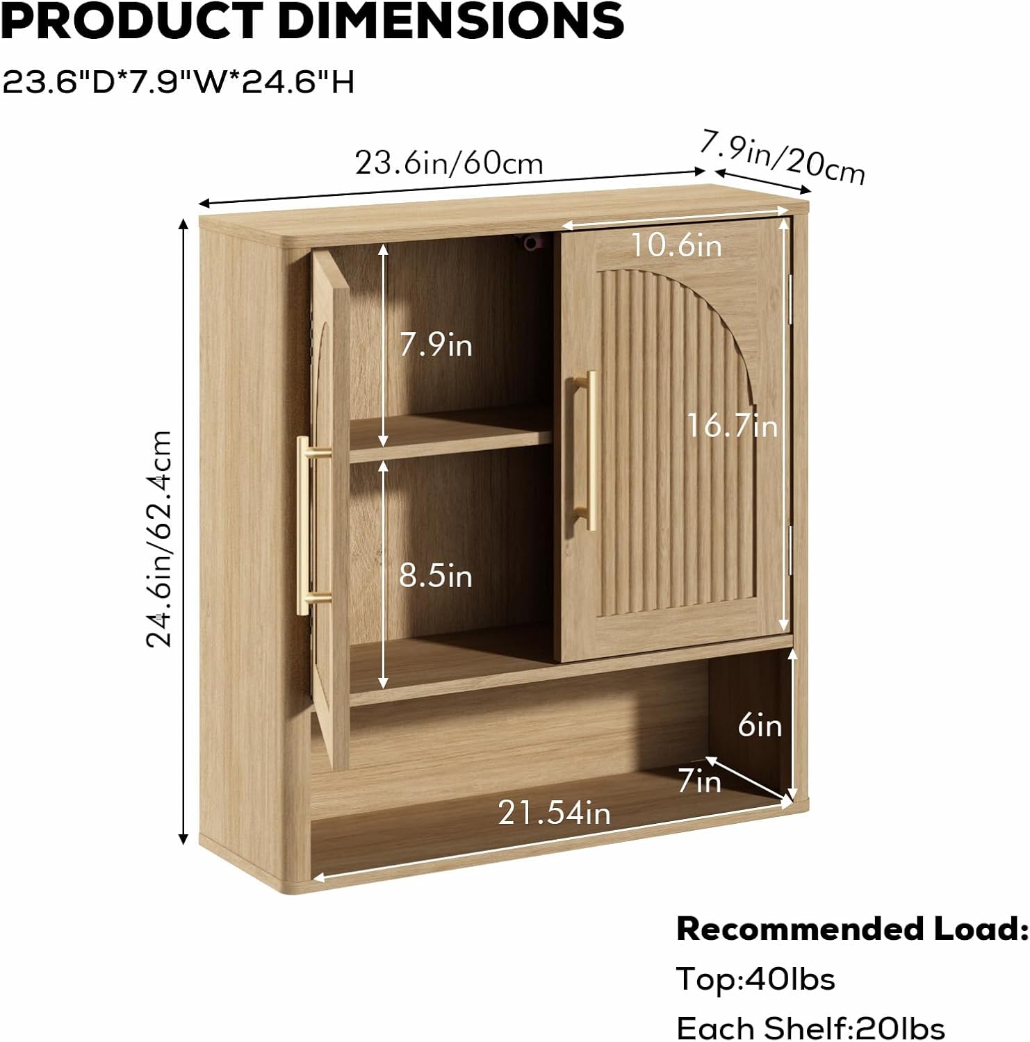 rustown fluted bathroom wall cabinet, mid century modern medicine cabinet w/adjustable shelf & 2 arched doors, over the toilet storage cabinets for laundry room kitchen living room, natural oak