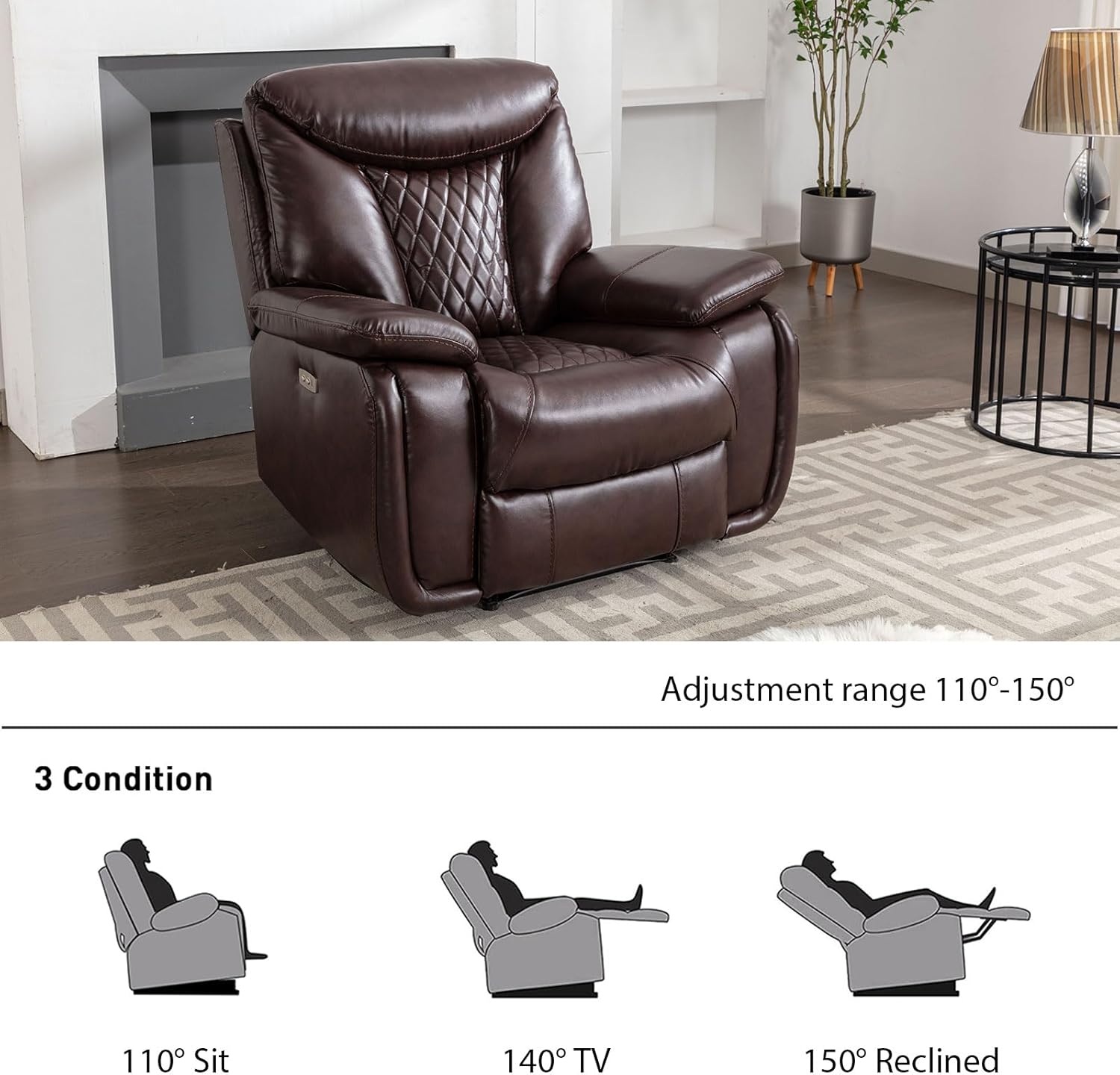 EBELLO Faux Leather Electric Recliner Chair, Reclining Sofa Chair Couch with USB Ports for Living Room, Bedroom Furniture, Meeting Room, Brown (Recliner Chair)